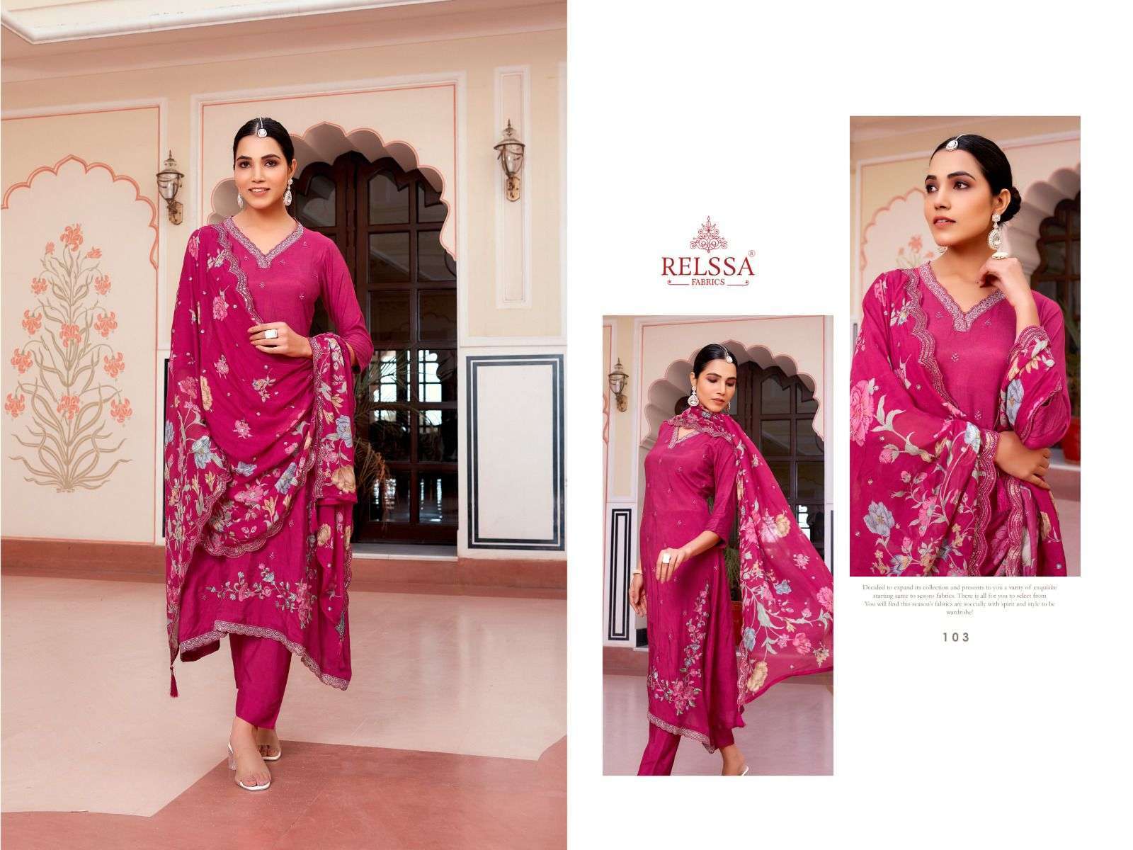 RELSS AARIZ DESIGNER WORK MUSLIN SUIT CATALOG WHOLESALER IN SURAT 2024