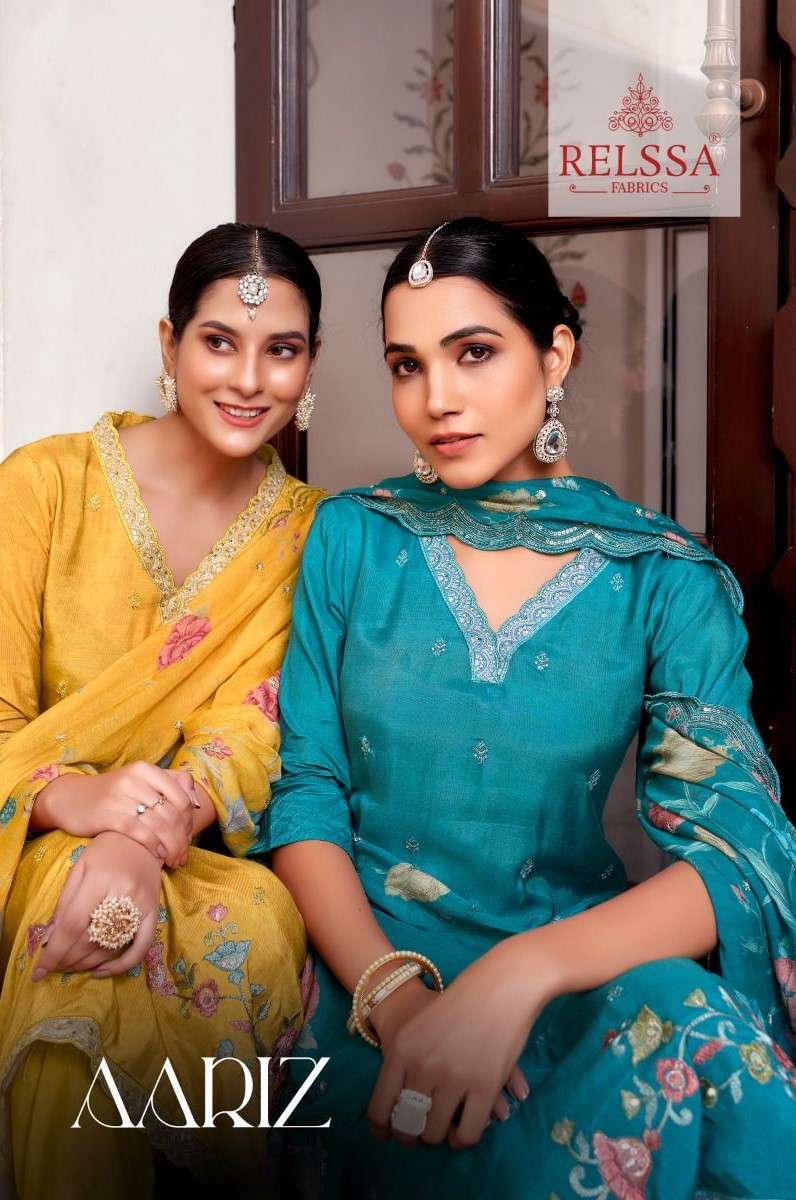 RELSS AARIZ DESIGNER WORK MUSLIN SUIT CATALOG WHOLESALER IN SURAT 2024