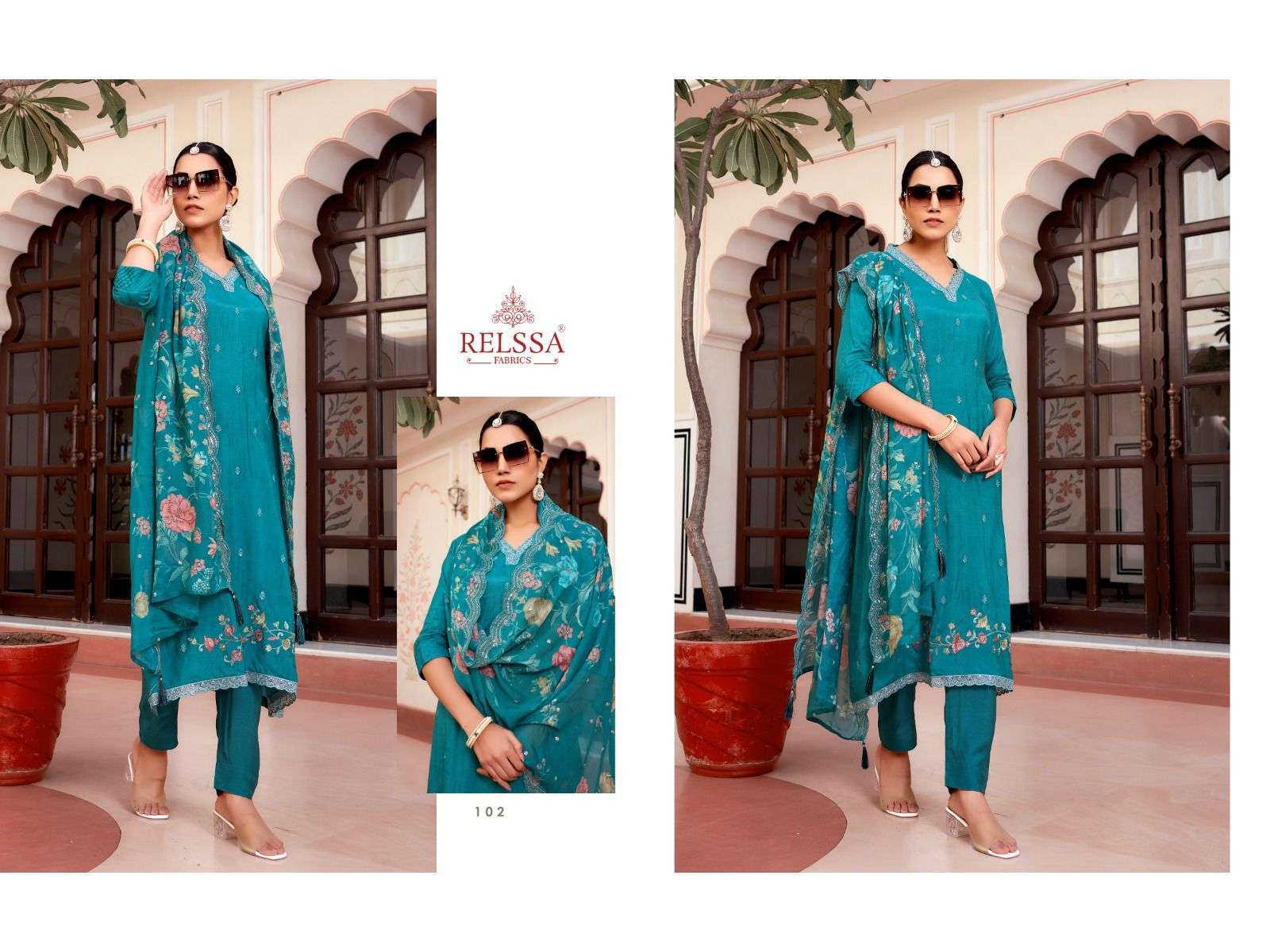 RELSS AARIZ DESIGNER WORK MUSLIN SUIT CATALOG WHOLESALER IN SURAT 2024