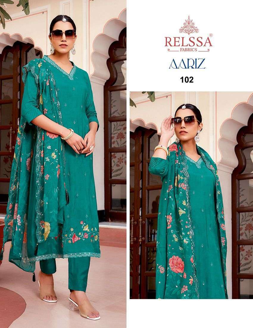RELSS AARIZ DESIGNER WORK MUSLIN SUIT CATALOG WHOLESALER IN SURAT 2024