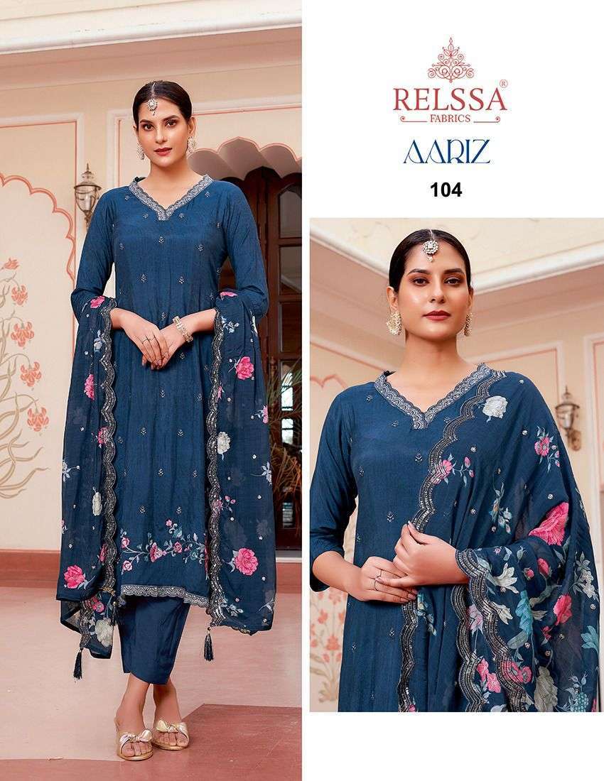 RELSS AARIZ DESIGNER WORK MUSLIN SUIT CATALOG WHOLESALER IN SURAT 2024
