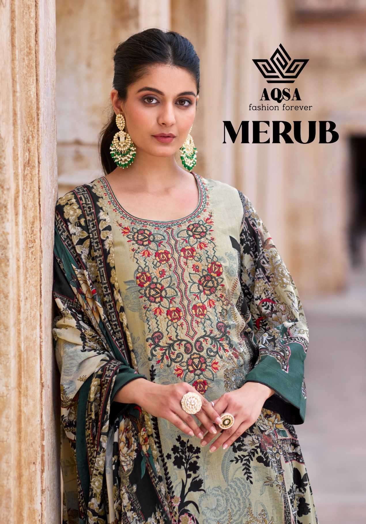 AQSA MERUB DESIGNER PRINT COTTON LADIES SUIT CATALOGUE WHOLESALER IN SURAT 2024