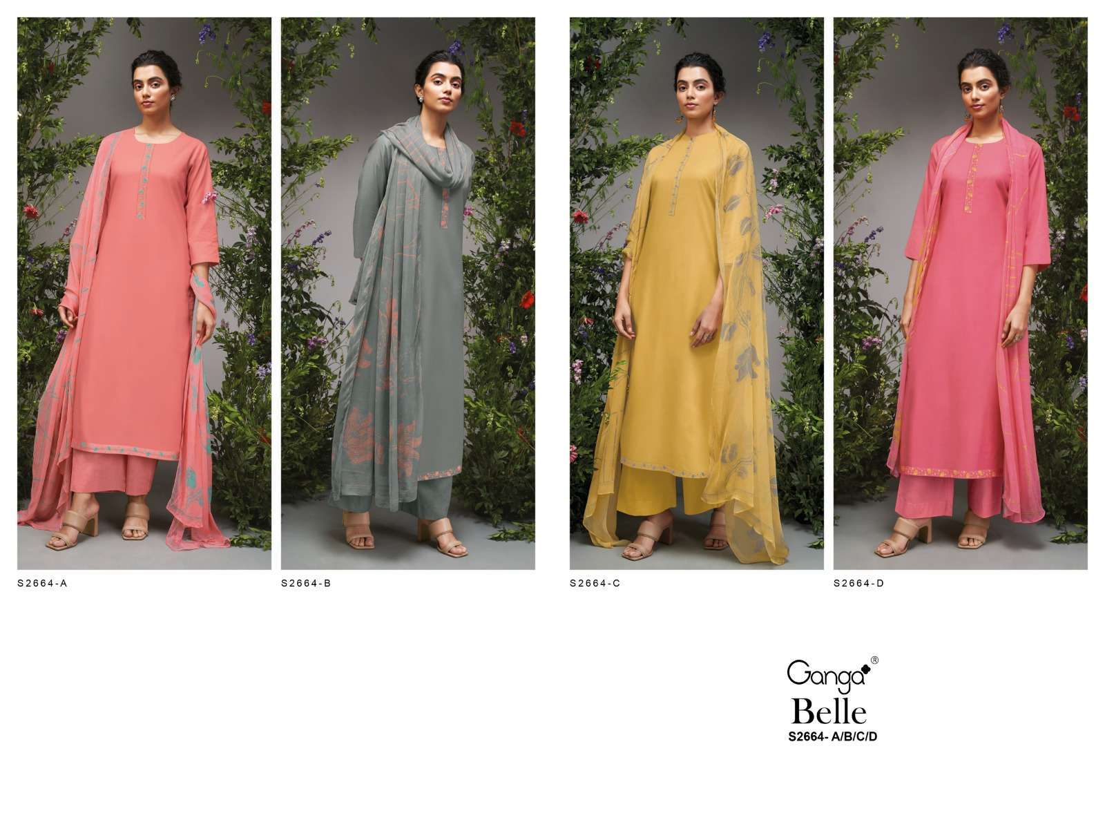 GANGA FASHION BELLE 2664 UNSTITCH GANGA SUIT CATALOGUE WHOLESALER IN SURAT 2024