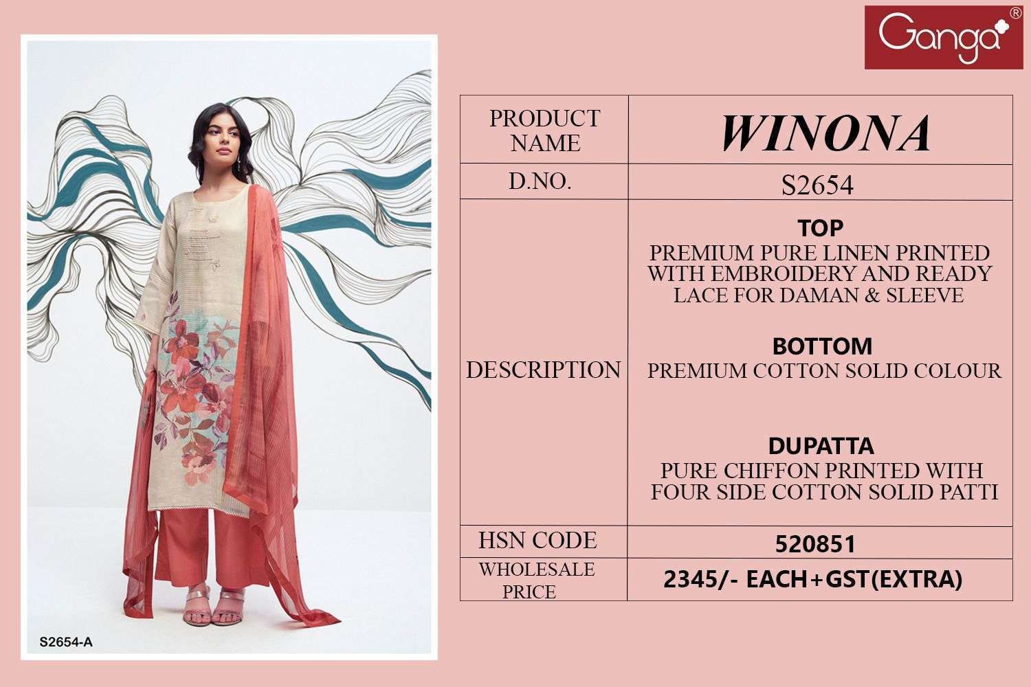 GANGA WINONA 2654 LINEN SUIT CATALOGUE WHOLESALE PRICE SURAT 2024