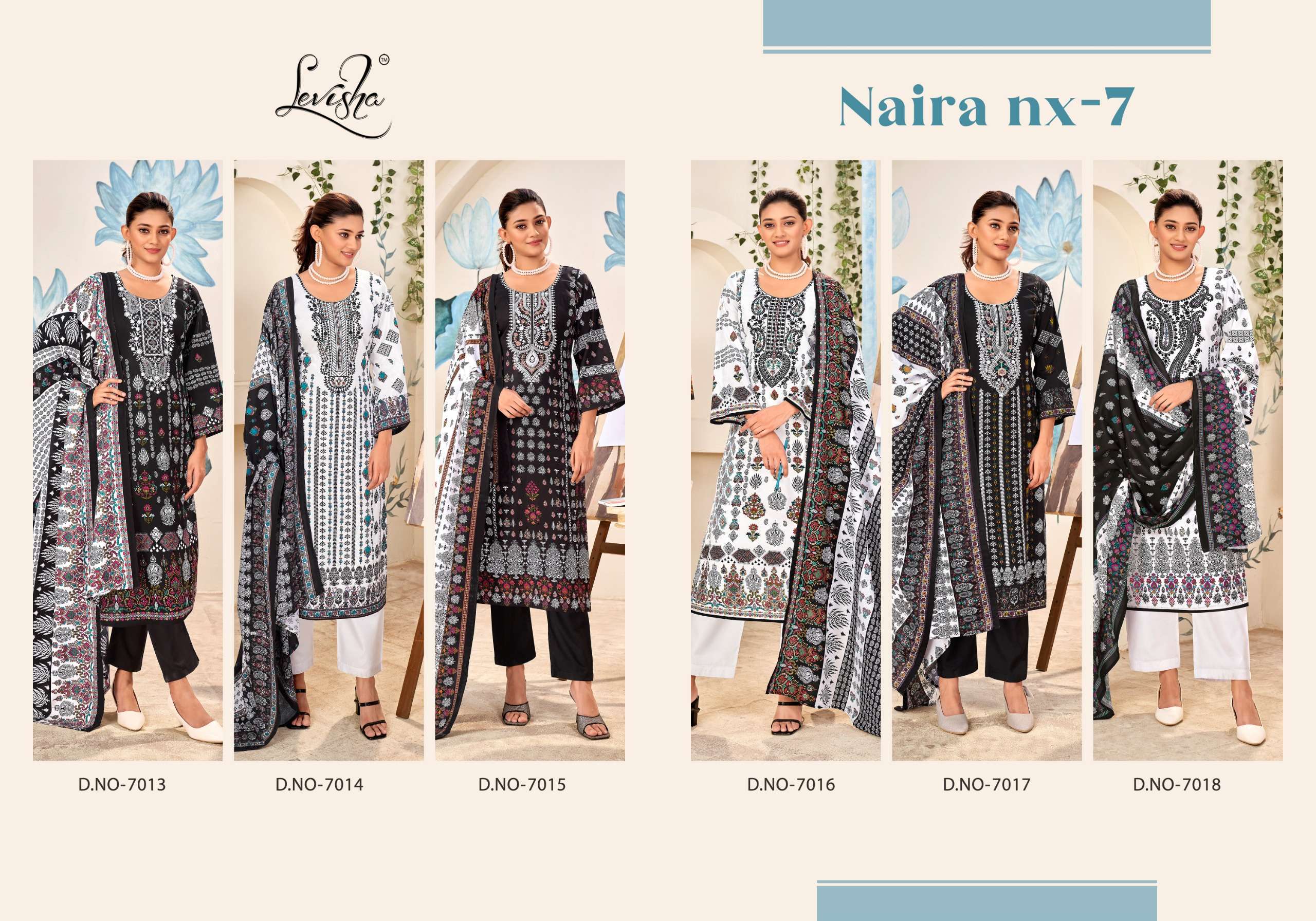 LEVISHA NAIRA NX VOL 7 BLACK AND WHITE PAKISTANI PRINT SUIT CATALOGUE WHOLESALE PRICE