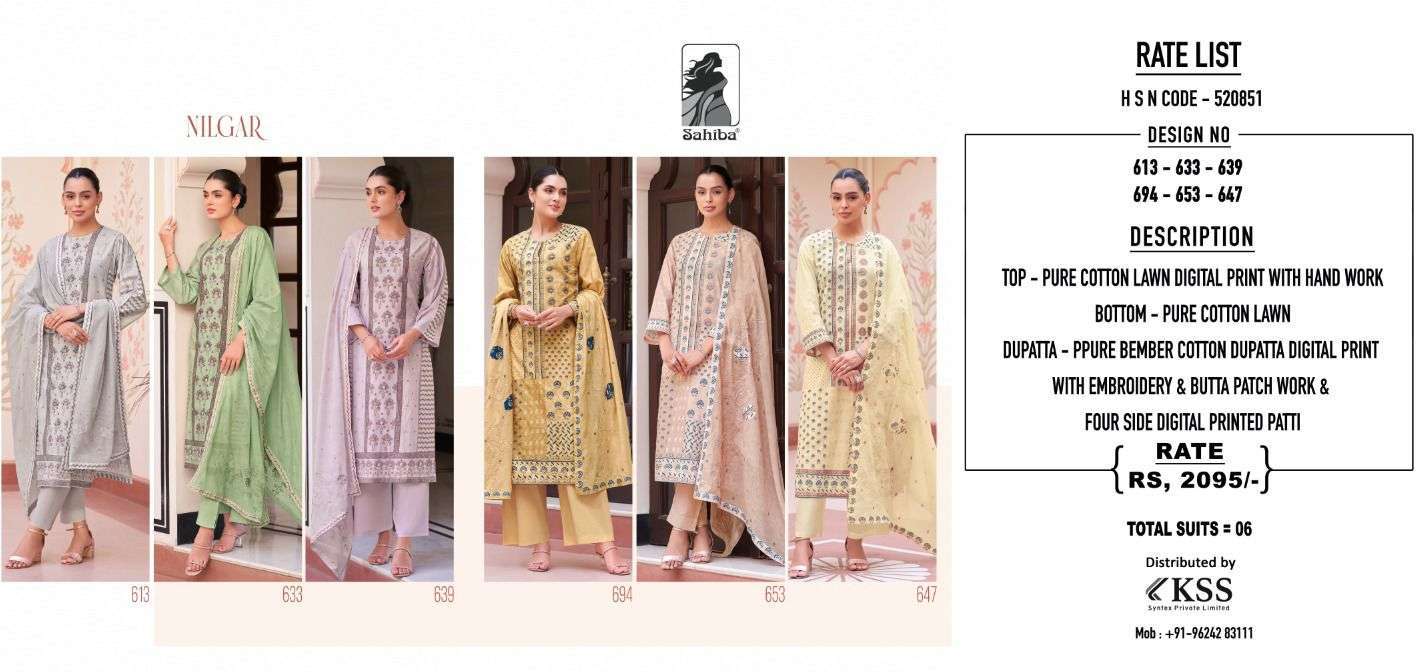 SAHIBA NILGAR PURE COTTON LAWN HANDWORK DRESS CATALOG EXPORTER IN SURAT 2024