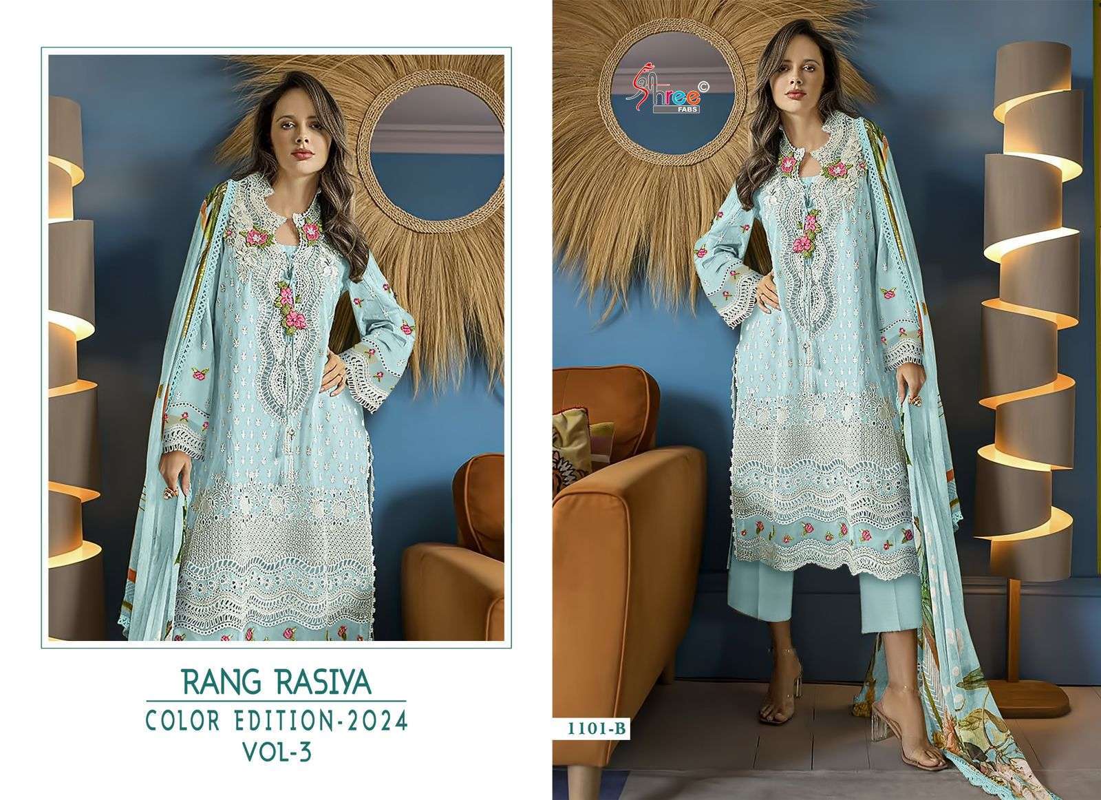 SHREE FABS RANG RASIYA COLOR EDITION 2024 VOL 3 PAKISTANI EMBROIDERY COTTON SUIT DEALER IN SURAT 2024