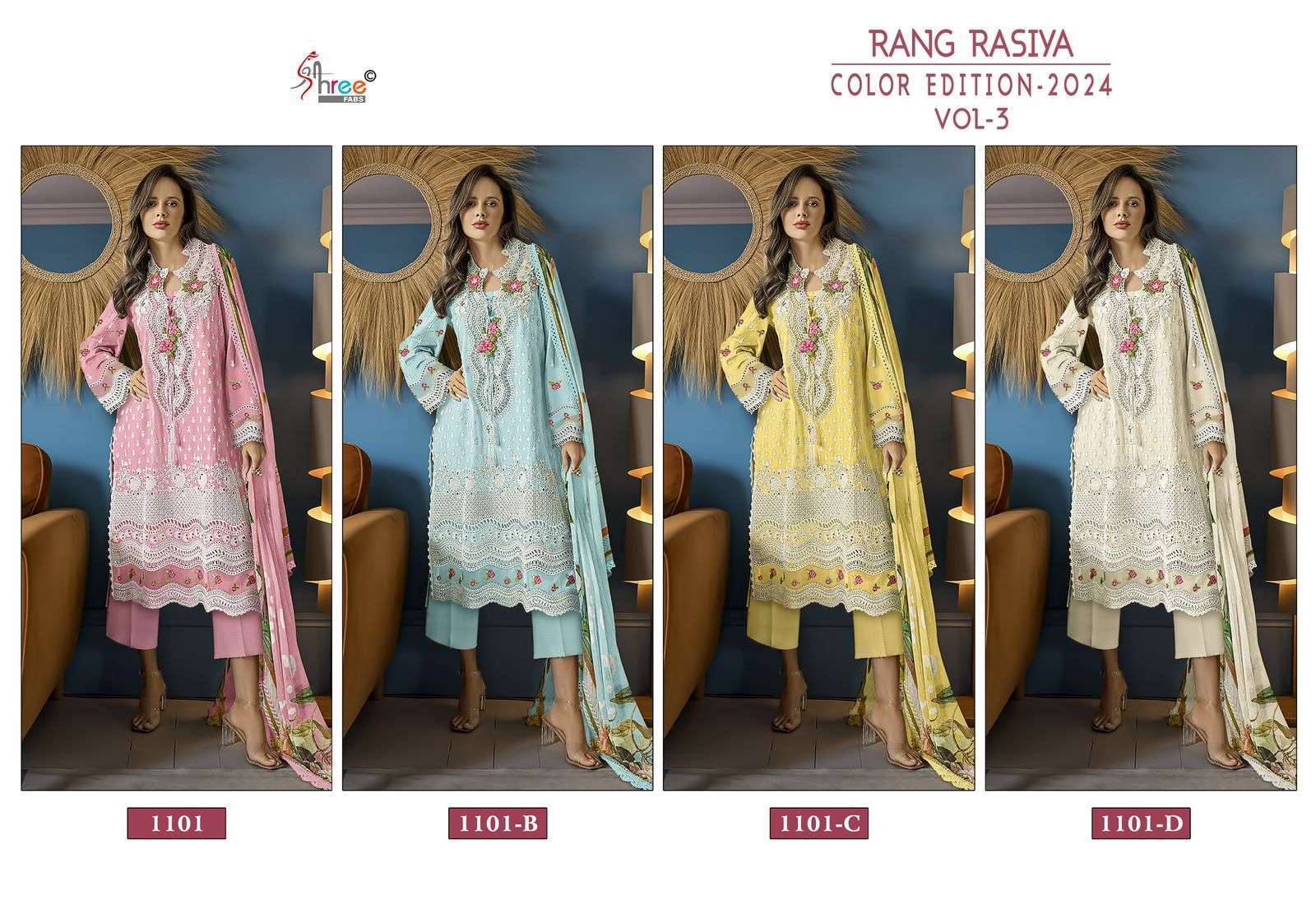 SHREE FABS RANG RASIYA COLOR EDITION 2024 VOL 3 PAKISTANI EMBROIDERY COTTON SUIT DEALER IN SURAT 2024
