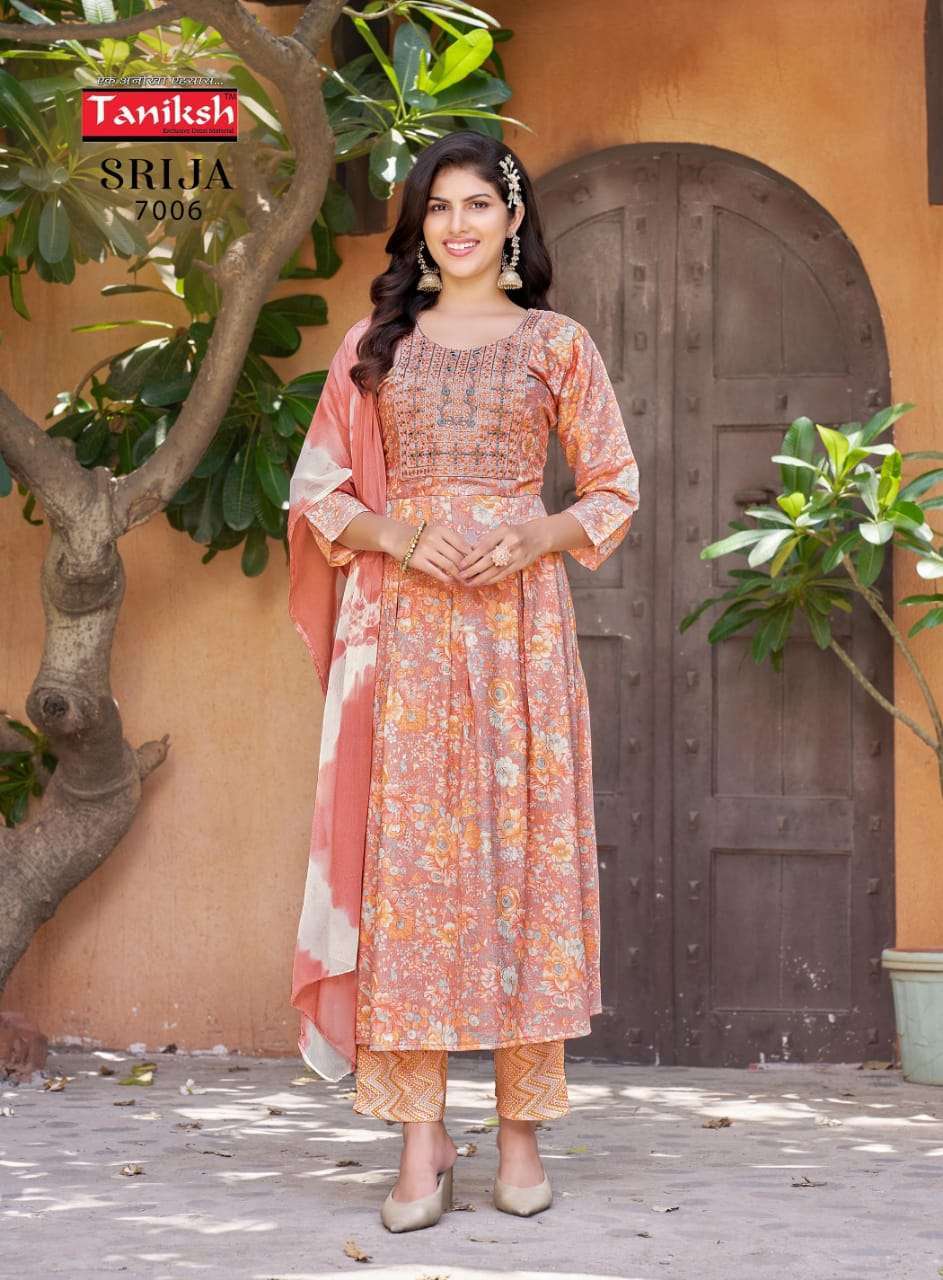 TANIKSH SRIJA VOL 7 RAYON FANCY KURTI BOTTOM WITH DUPATTA LATEST DESIGNER CATALOGUE 2024