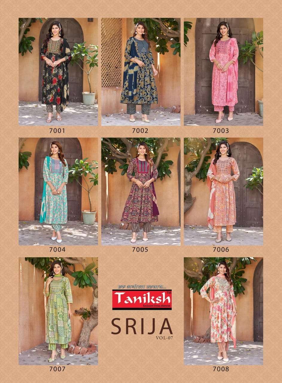 TANIKSH SRIJA VOL 7 RAYON FANCY KURTI BOTTOM WITH DUPATTA LATEST DESIGNER CATALOGUE 2024