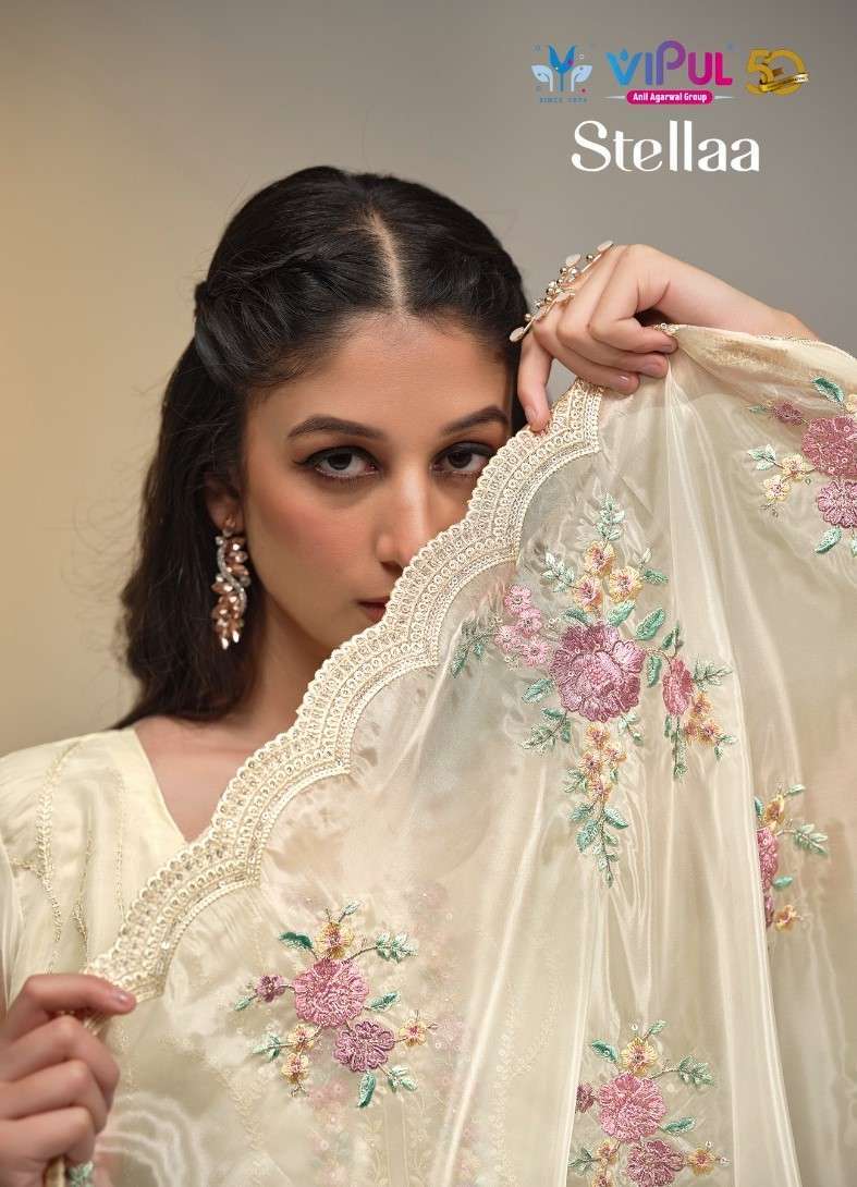 VIPUL FASHION STELLA DESIGNER WORK ORGANZA SUIT CATALOGUE WHOLESALE PRICE SURAT 2024