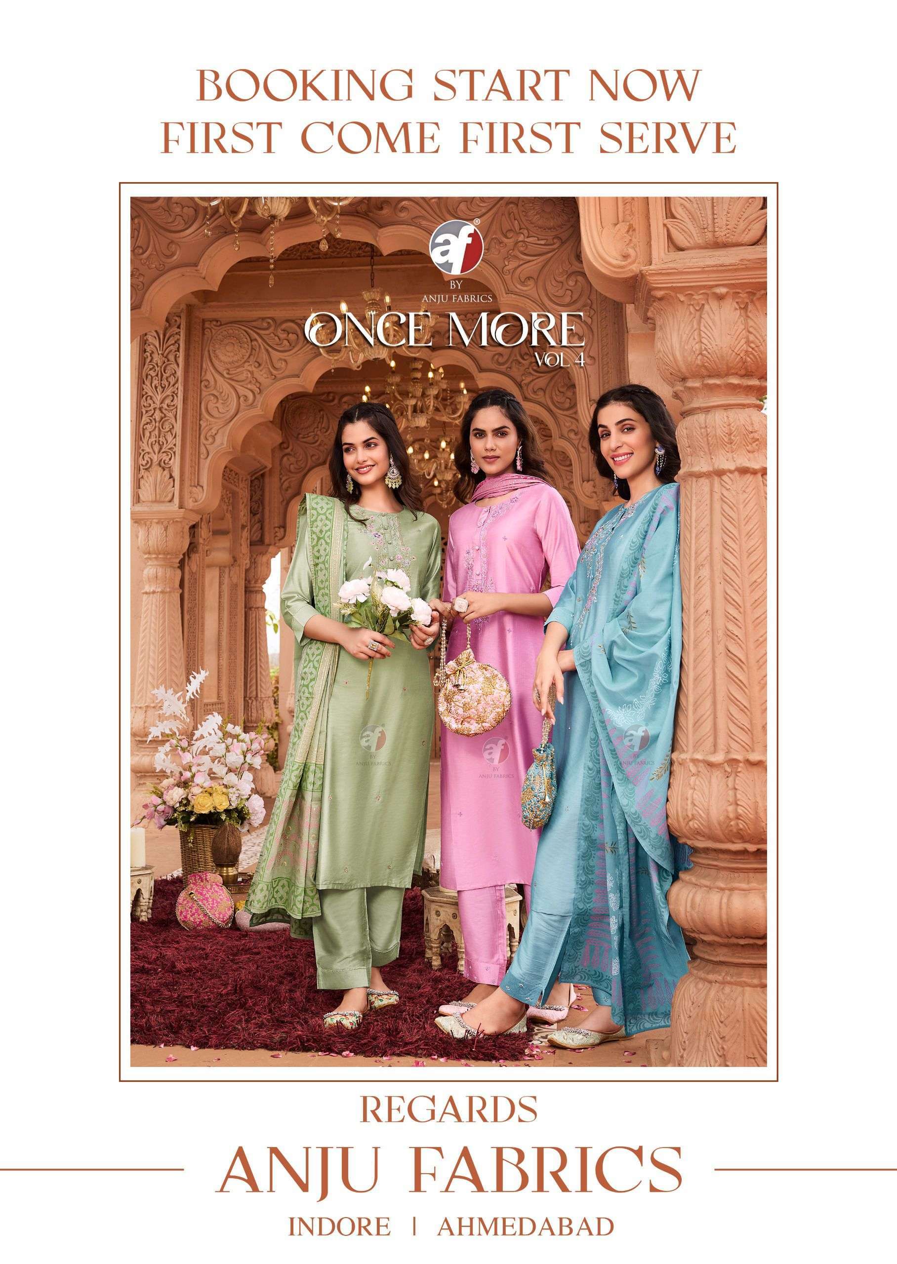 AF STOCK OUT ONCE MORE VOL 4 BY ANJU FABRICS NAYLON PRINT KURTI PANT WITH DUPATTA LATEST CATALOGUE 2024