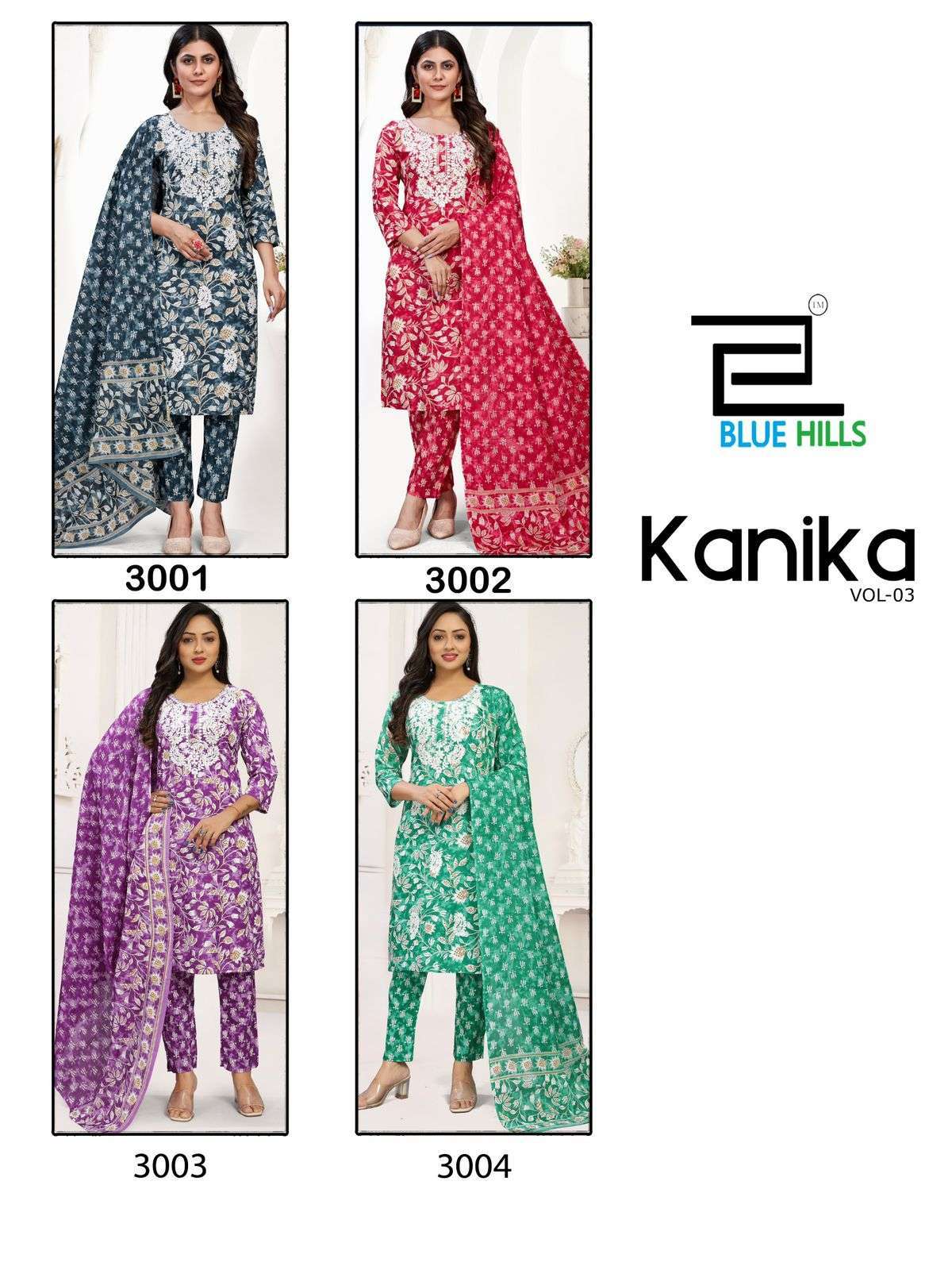 BLUE HILLS KANIKA VOL 3 COTTON TOP BOTTOM WITH DUPATTA LATEST CATALOGUE DEALER IN SURAT 