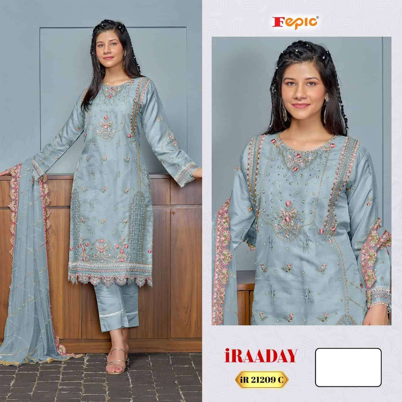 FEPIC IR 21209 COLORS PAKISTANI DESIGNER ORGANZA EMBROIDERED SUIT WHOLESALER