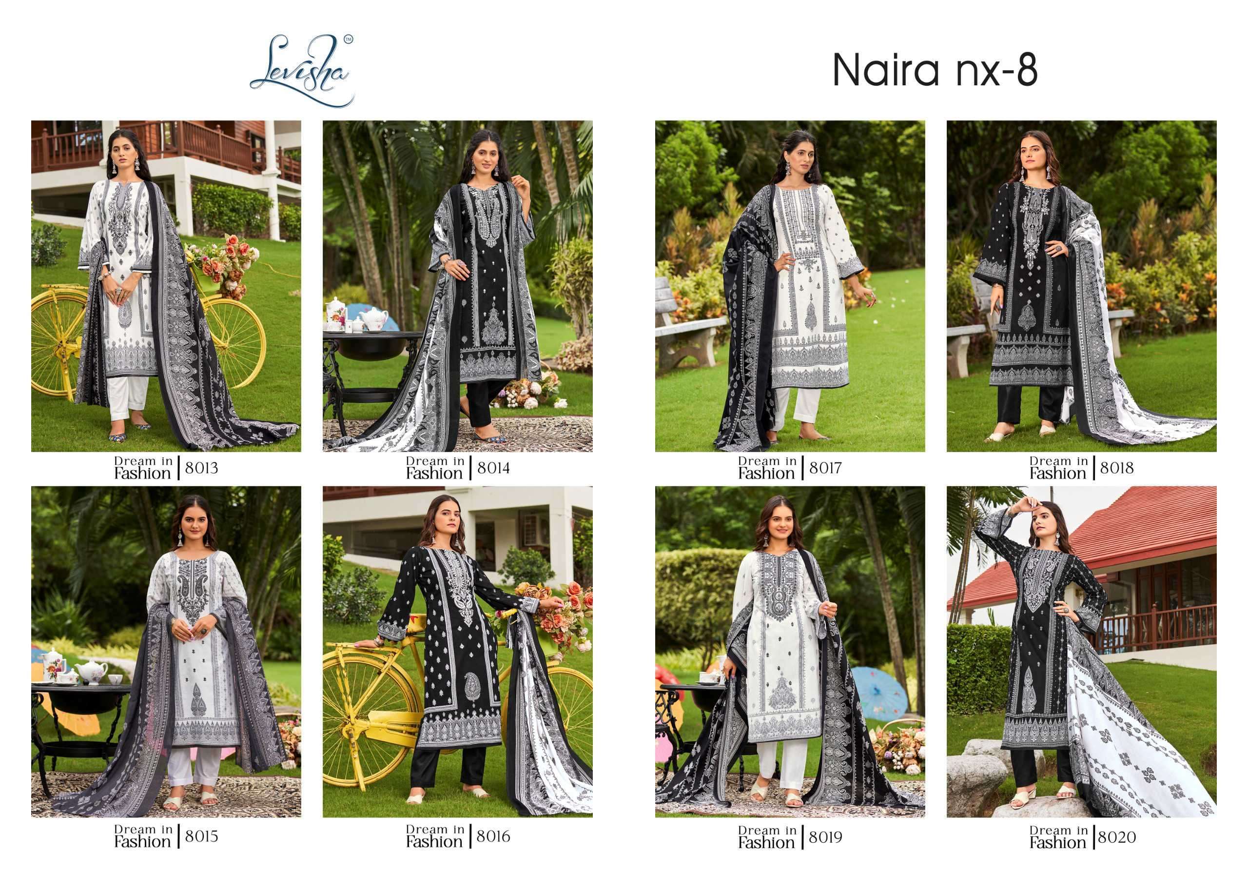 LEVISHA NAIRA NX VOL 8 BLACK AND WHITE PAKISTANI PRINT SUIT CATALOGUE WHOLESALE PRICE
