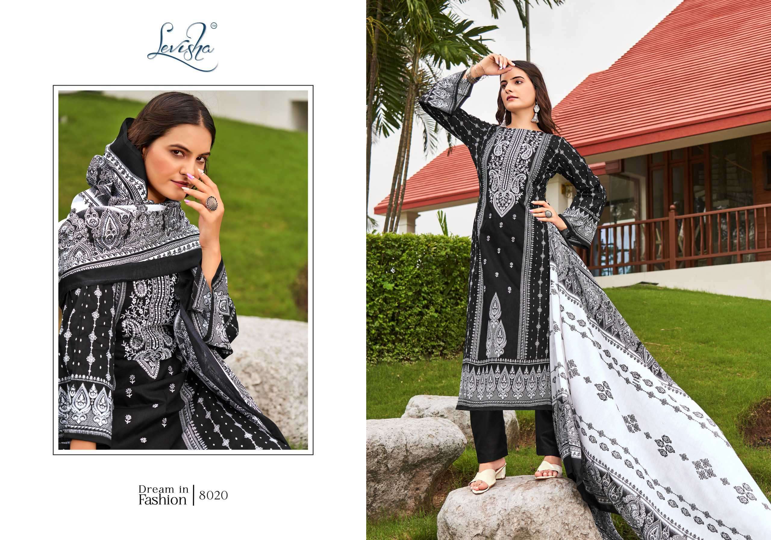 LEVISHA NAIRA NX VOL 8 BLACK AND WHITE PAKISTANI PRINT SUIT CATALOGUE WHOLESALE PRICE