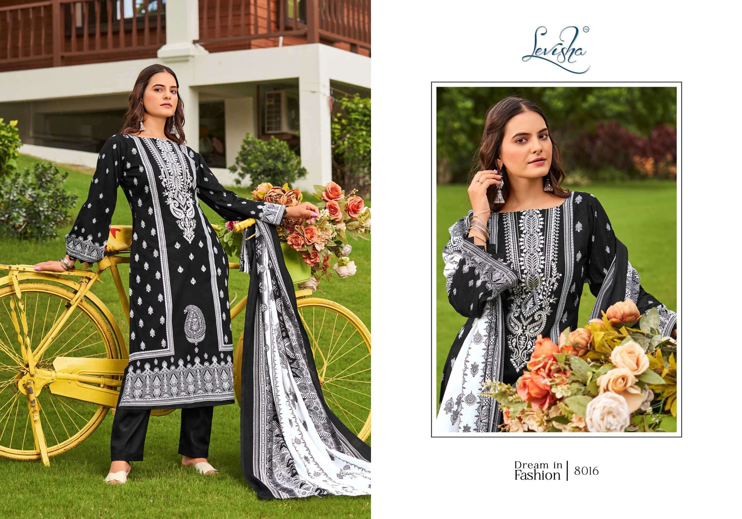 LEVISHA NAIRA NX VOL 8 BLACK AND WHITE PAKISTANI PRINT SUIT CATALOGUE WHOLESALE PRICE