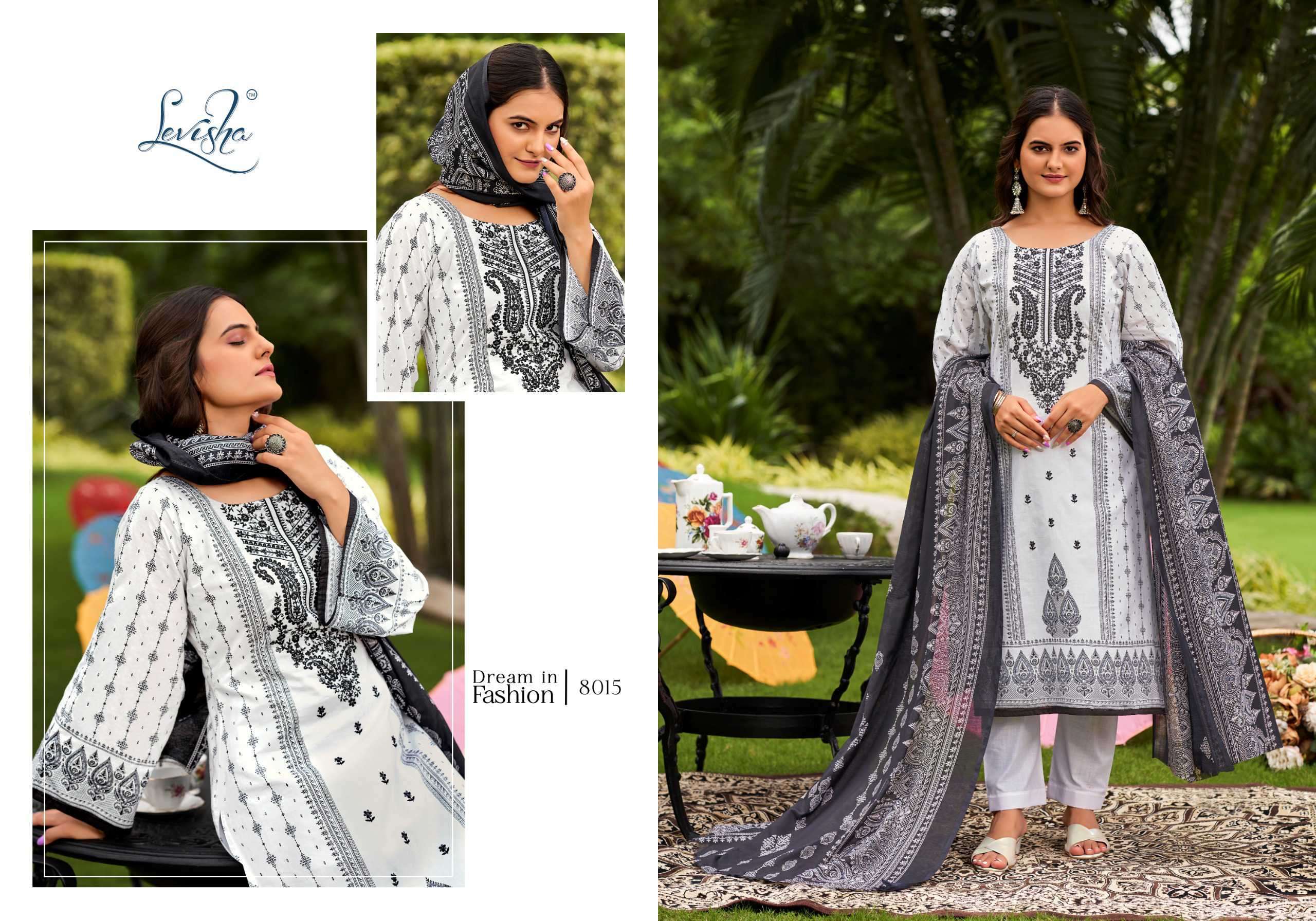 LEVISHA NAIRA NX VOL 8 BLACK AND WHITE PAKISTANI PRINT SUIT CATALOGUE WHOLESALE PRICE