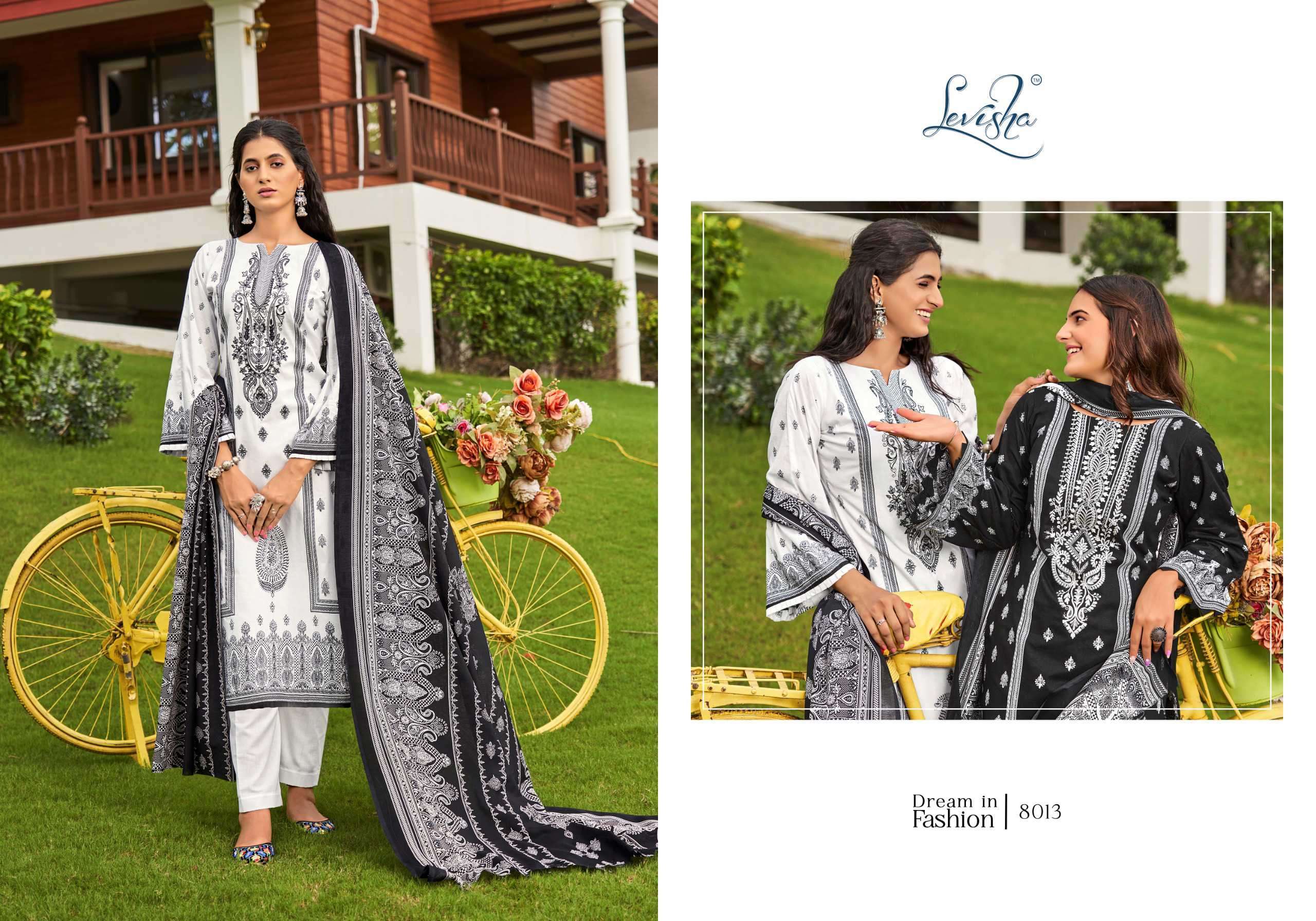 LEVISHA NAIRA NX VOL 8 BLACK AND WHITE PAKISTANI PRINT SUIT CATALOGUE WHOLESALE PRICE