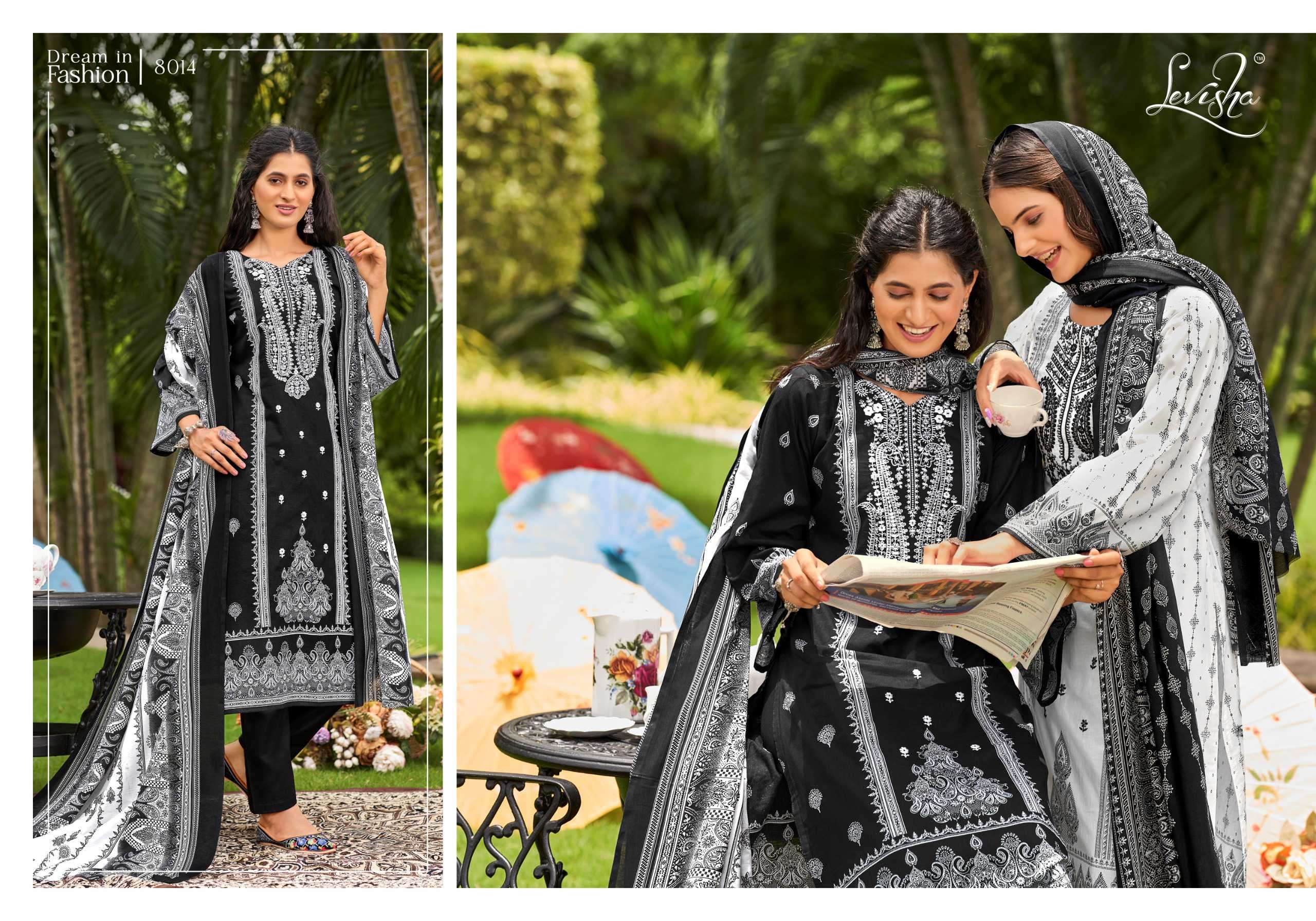 LEVISHA NAIRA NX VOL 8 BLACK AND WHITE PAKISTANI PRINT SUIT CATALOGUE WHOLESALE PRICE