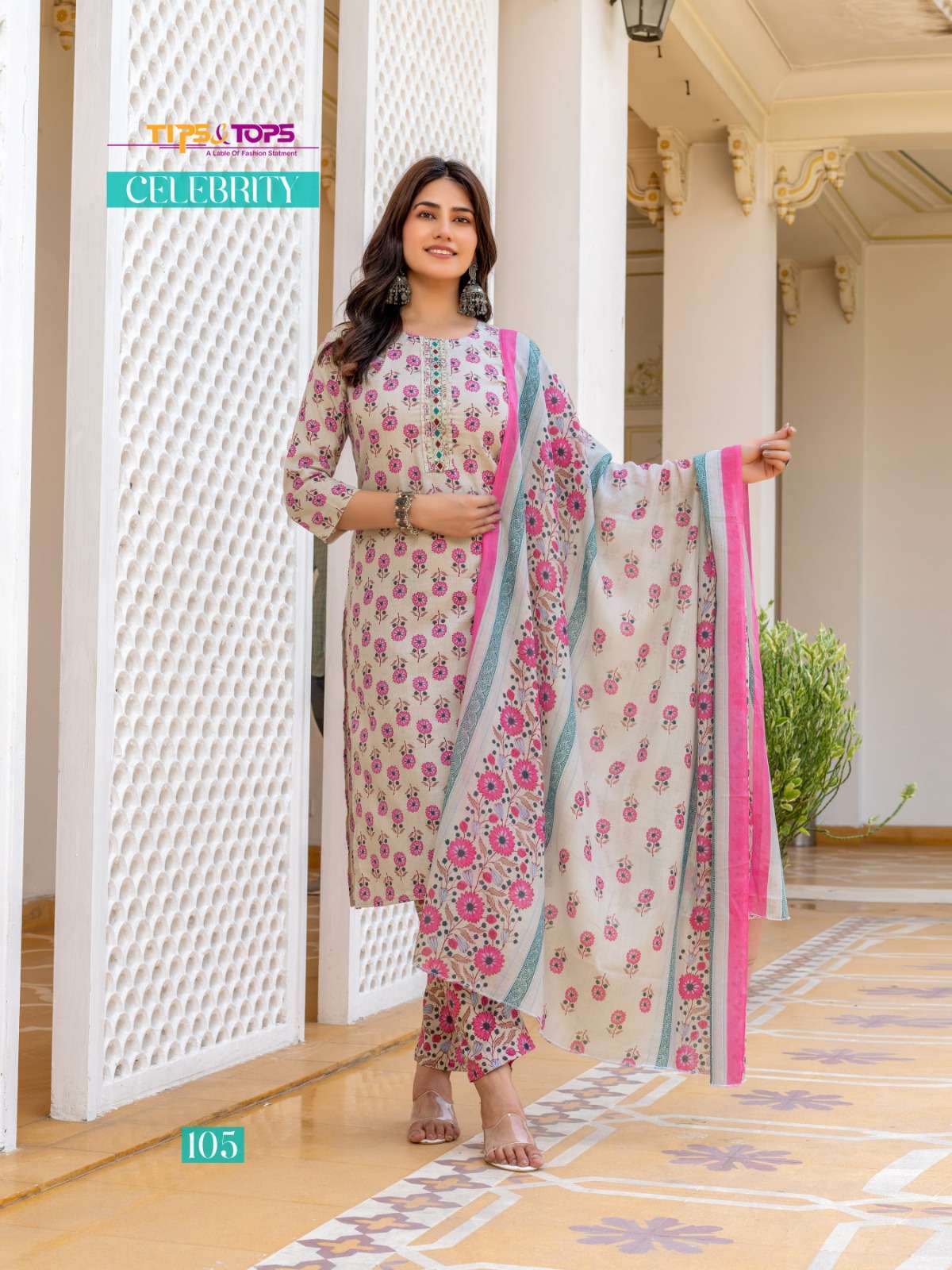 TIPS AND TOPS CELEBRITY PRINTED COTTON KURTI PANT WITH DUPATTA LATEST CATALOGUE WHOLESALE PRICE SURAT 2024
