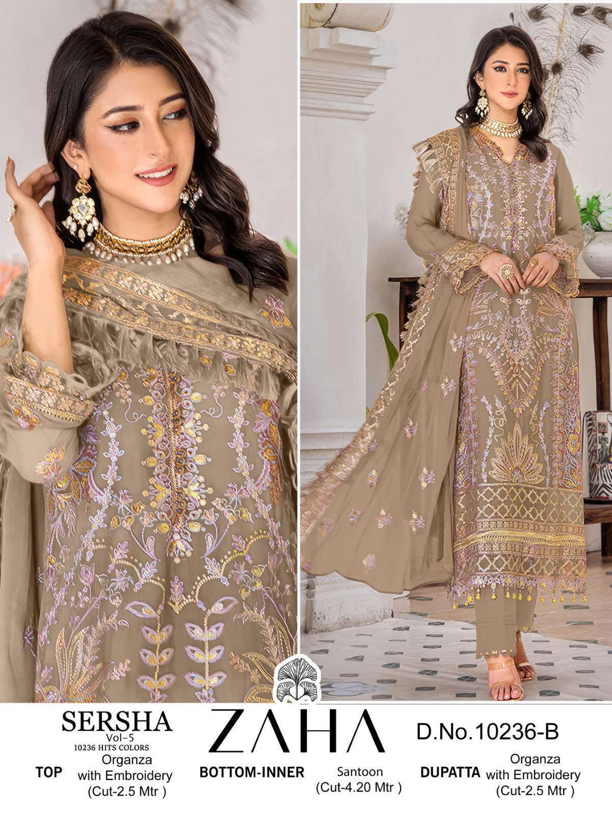 ZAHA SERSHA VOL 5 10236 HIT COLORS PAKISTANI ORGAZNA SUIT COLLECTION WHOLESALE PRICE