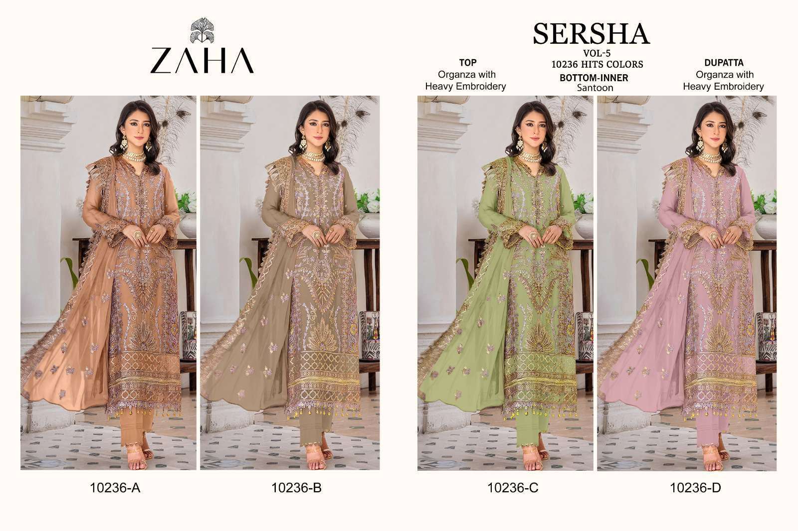 ZAHA SERSHA VOL 5 10236 HIT COLORS PAKISTANI ORGAZNA SUIT COLLECTION WHOLESALE PRICE
