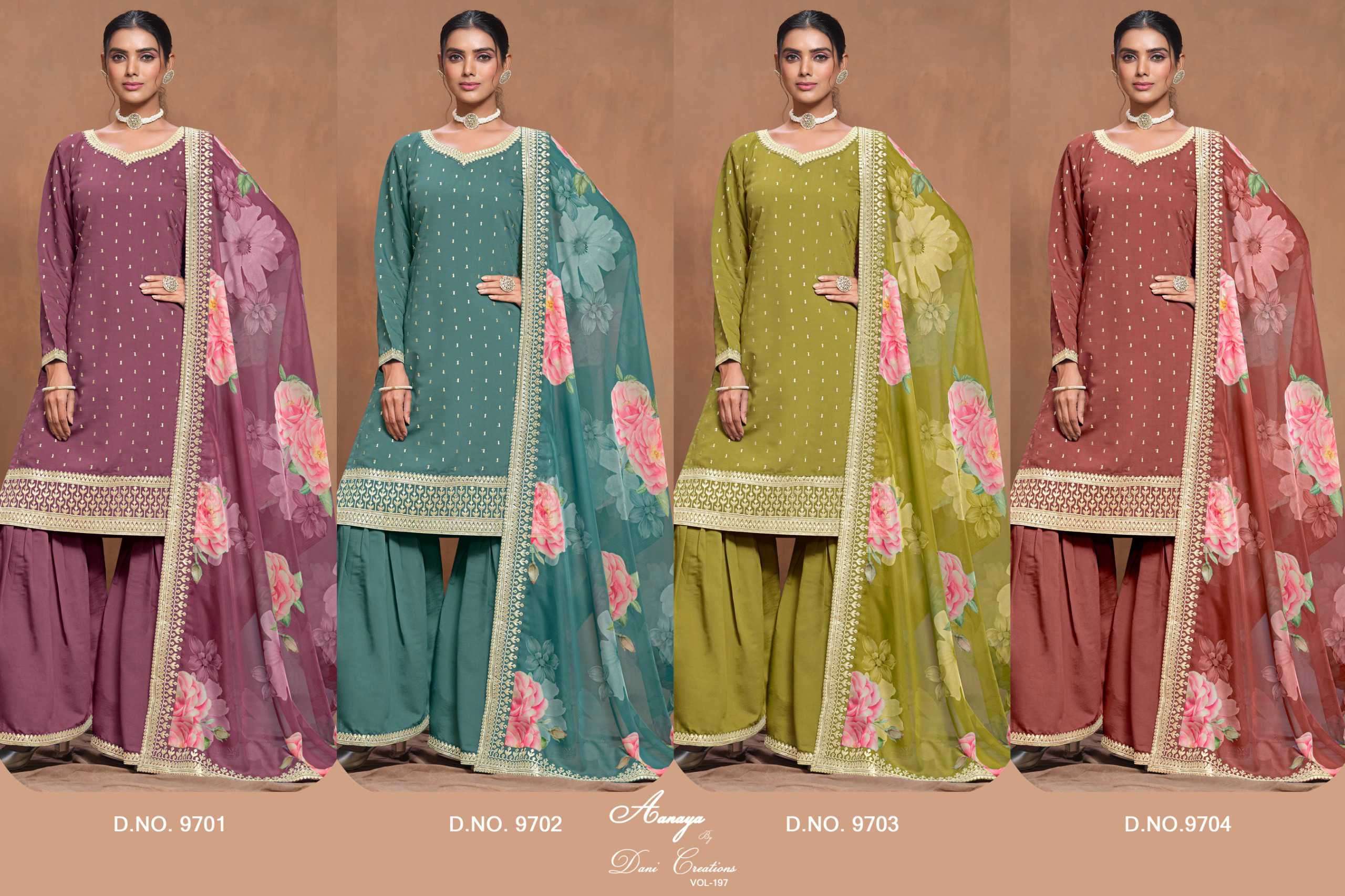 AANAYA VOL 197 9701 TO 9704 DESIGNER SILK SUIT CATALOGUE WHOLESALE PRICE DEALER 2024