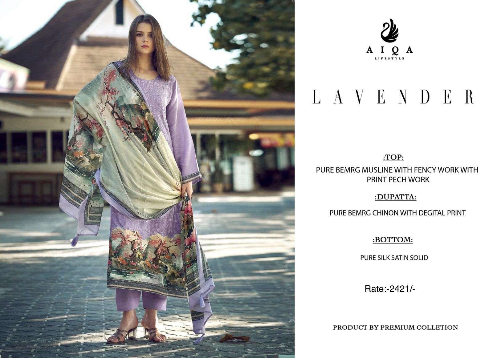 AIQA LAVENDER FANCY WORK BEMBERG MUSLIN SUIT CATALOG WHOLESALE DEALER 2024