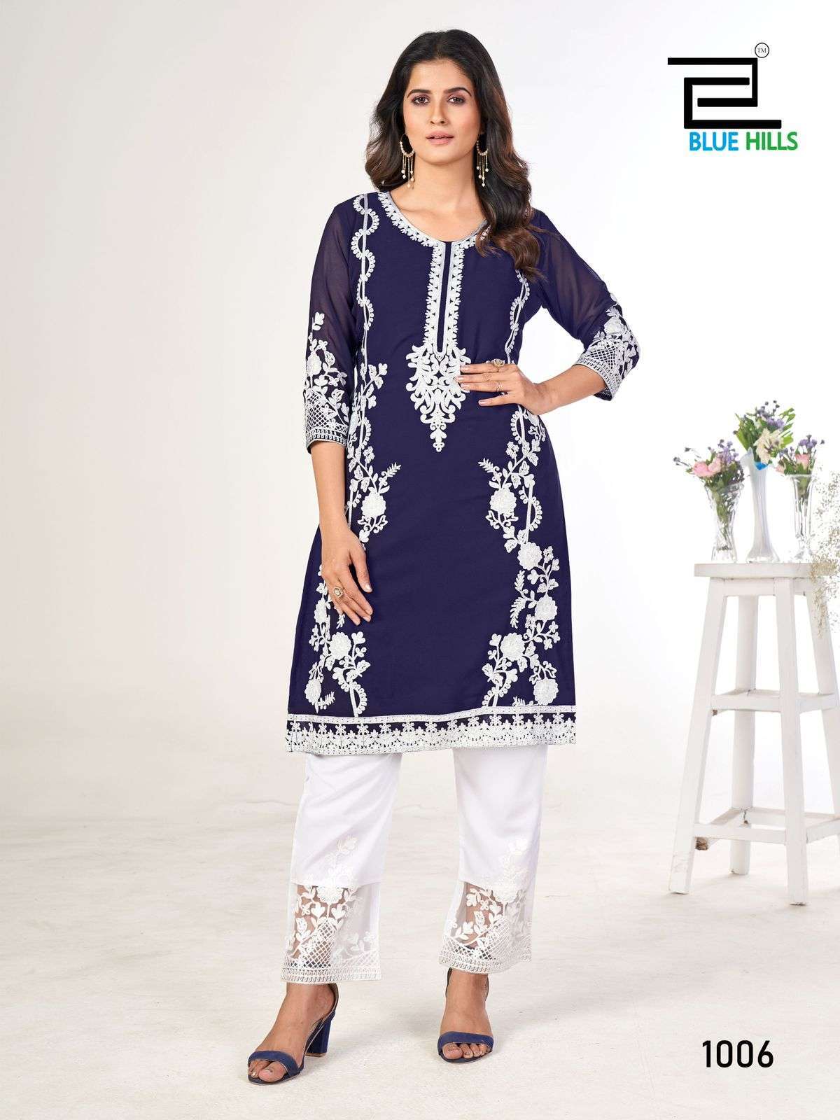 BLUE HILLS AHANA GEORGETTE KURTI PANT SETS CATALOGUE WHOLESALE PRICE 2024