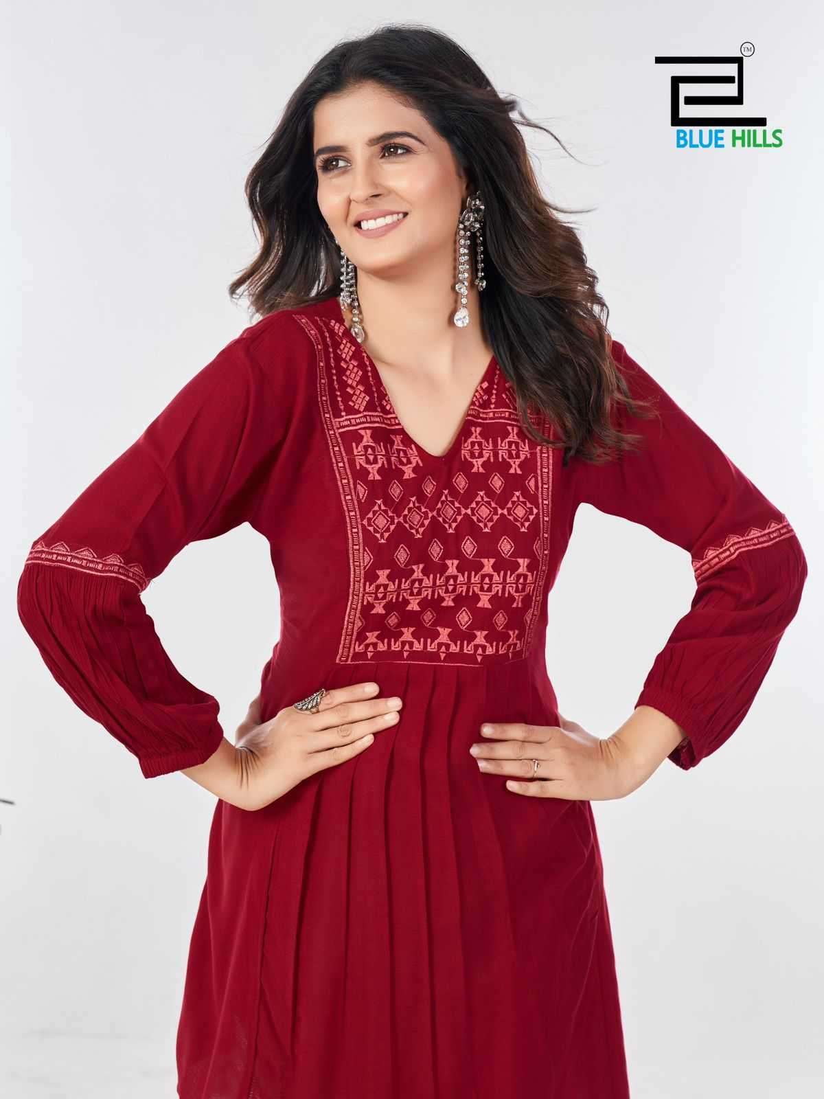 BLUE HILLS LATEST CATALOGUE MANU BHAKER RAYON KURTI COLLECTION WHOLESALE PRICE DEALER 