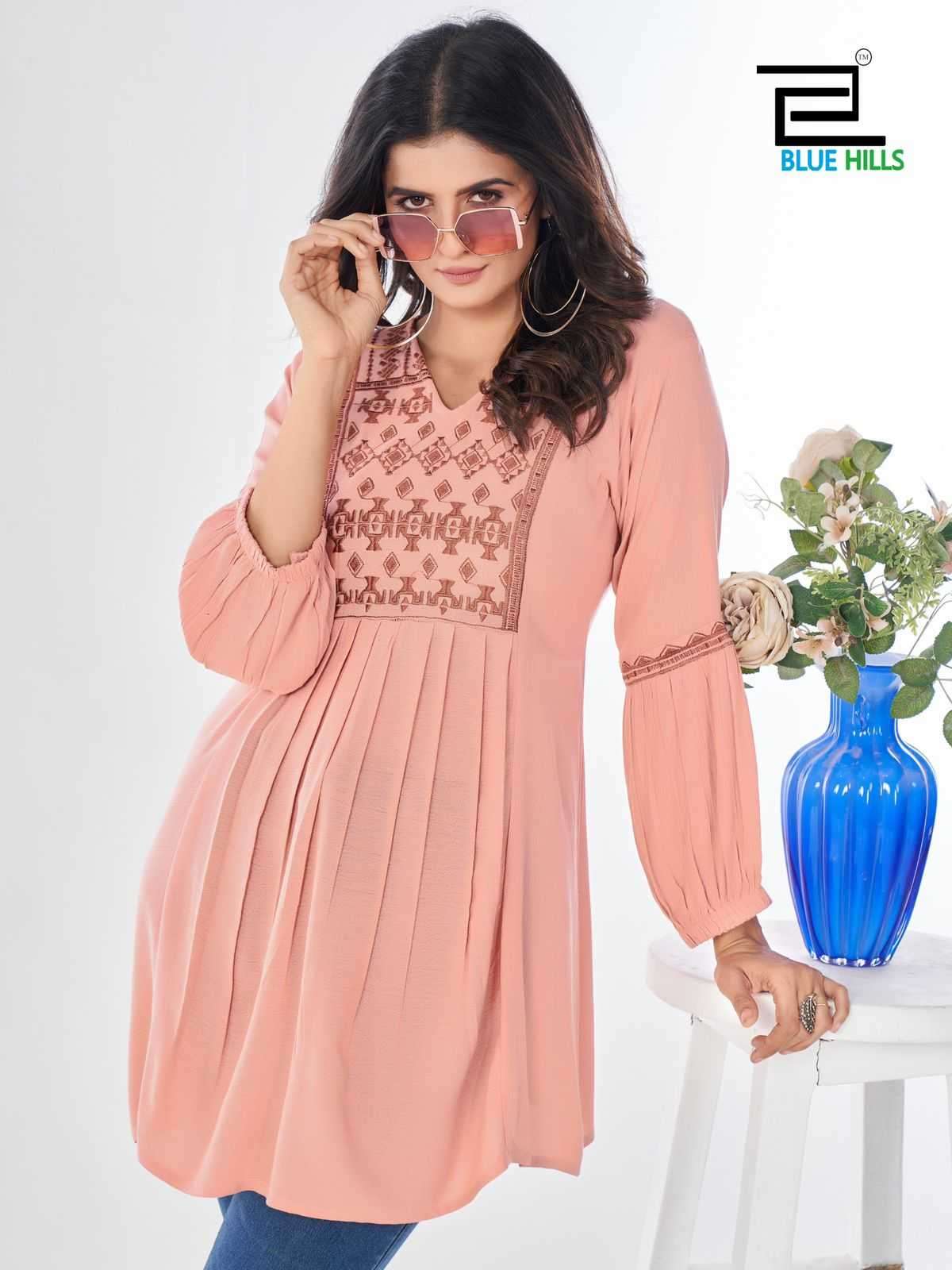 BLUE HILLS LATEST CATALOGUE MANU BHAKER RAYON KURTI COLLECTION WHOLESALE PRICE DEALER 