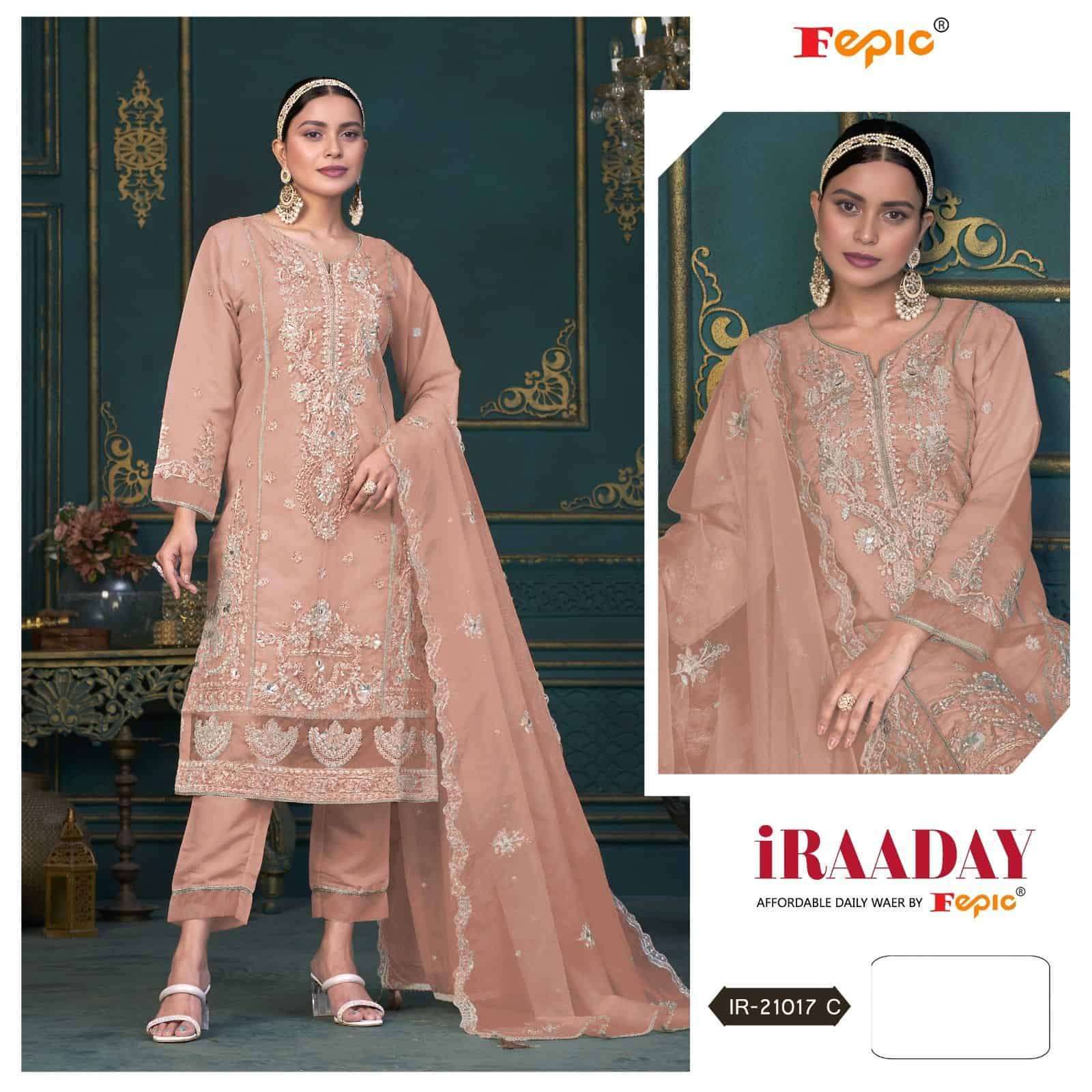 FEPIC IRAADAY IR 21017 COLORS PAKISTANI DESIGNER ORGANZA EMBROIDERY SUIT COLLECTION WHOLESALE RATE SURAT 2024