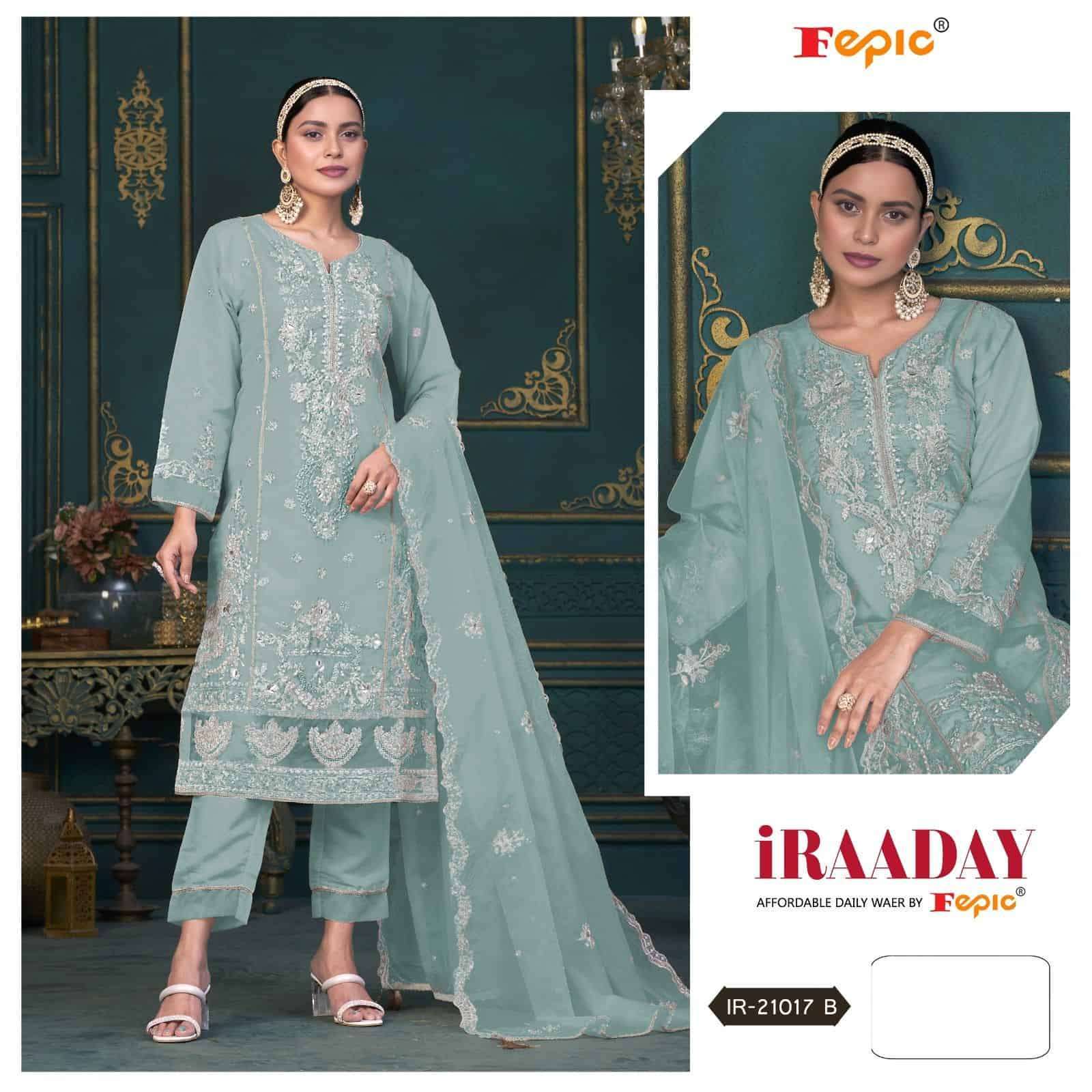FEPIC IRAADAY IR 21017 COLORS PAKISTANI DESIGNER ORGANZA EMBROIDERY SUIT COLLECTION WHOLESALE RATE SURAT 2024