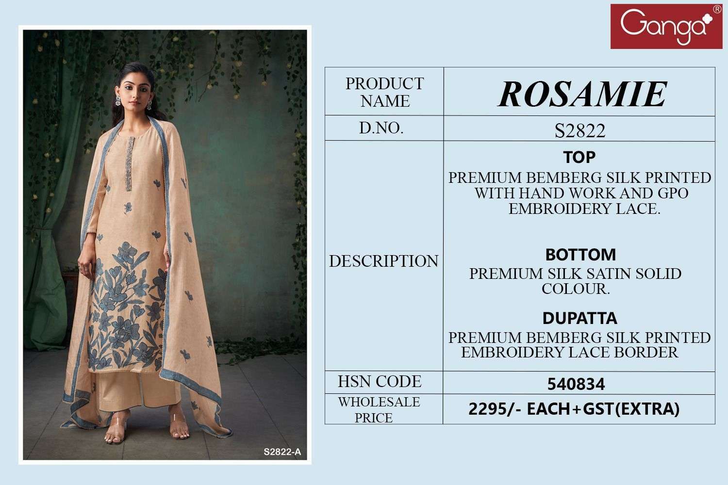 GANGA FASHION ROSAMINE 2822 FANCY SILK GANGA SUIT CATALOGUE WHOLESALE PRICE DEALER 