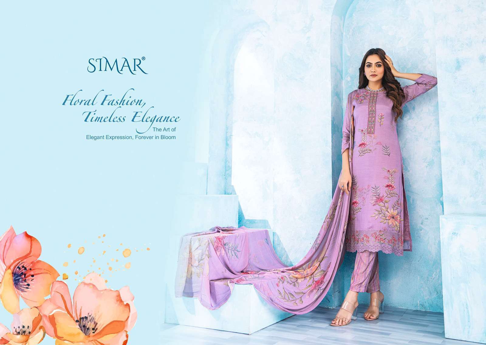 GLOSSY SIMAR FLORA FESTIVE MUSLIN LADIES SUIT CATALOG SUPPLIER EXPORTER