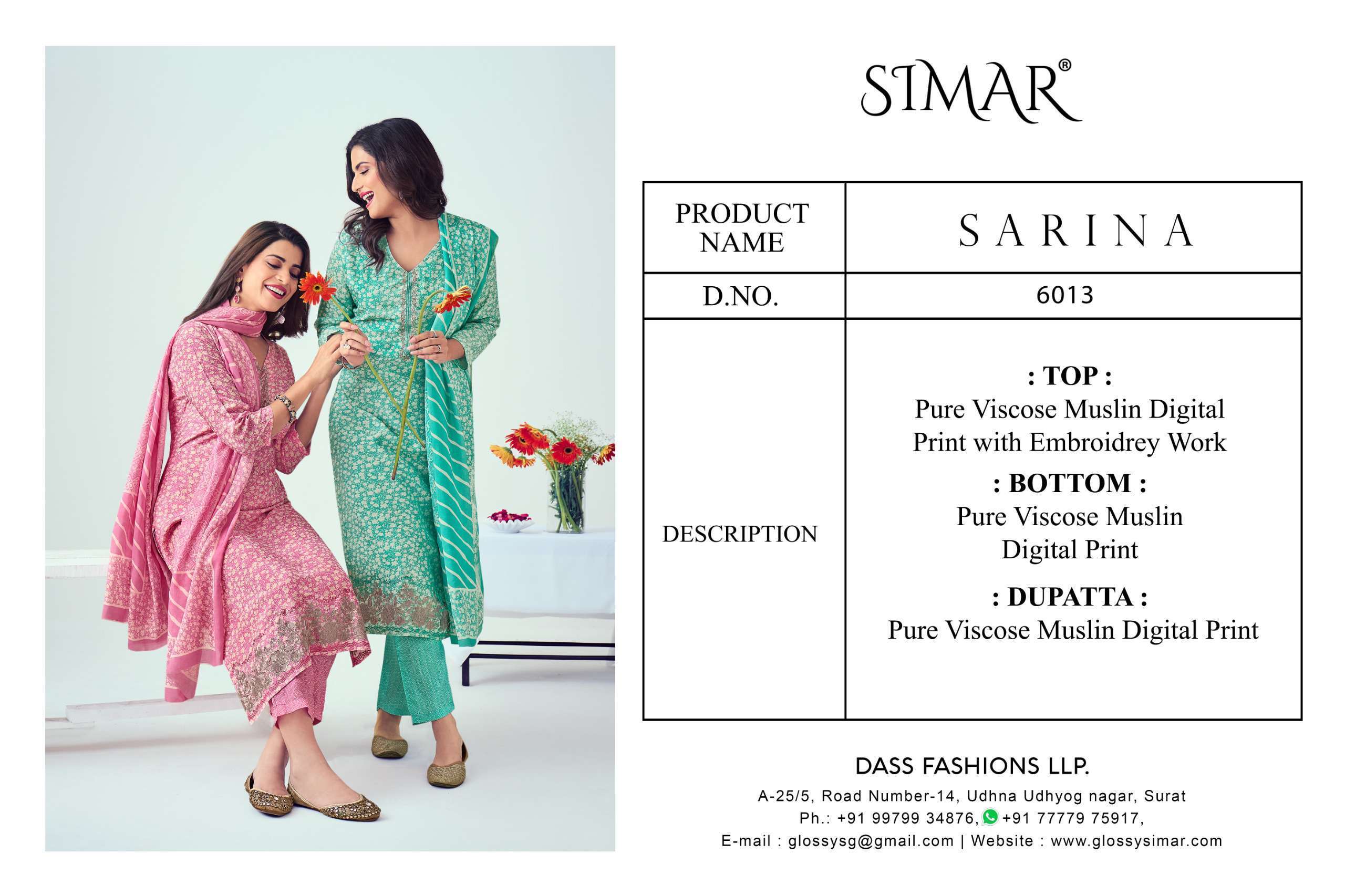 GLOSSY SIMAR SARINA 6013 PURE VISCOSE MUSLIN LADIES SUIT CATALOGUE BEST RATE SUPPLIER 
