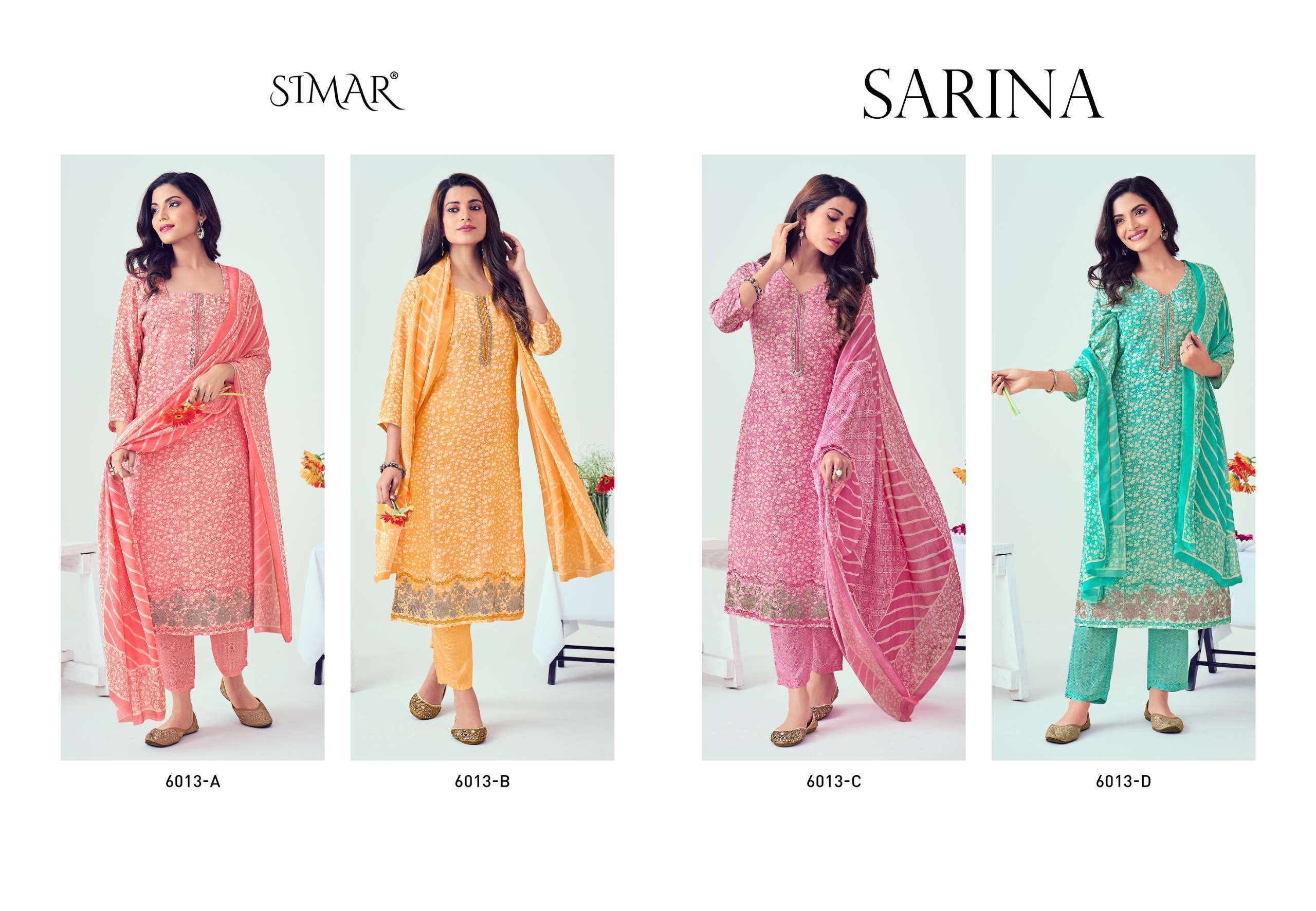 GLOSSY SIMAR SARINA 6013 PURE VISCOSE MUSLIN LADIES SUIT CATALOGUE BEST RATE SUPPLIER 