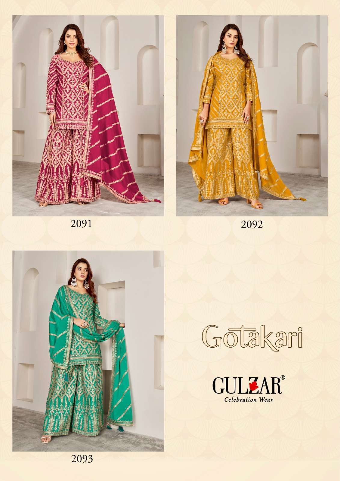 GULZAR GOTAKARI 2091 TO 2093 WEDDING WEAR DESIGNER PALAZOO DRESS LATEST CATALOGUE SUPPLIER 2024