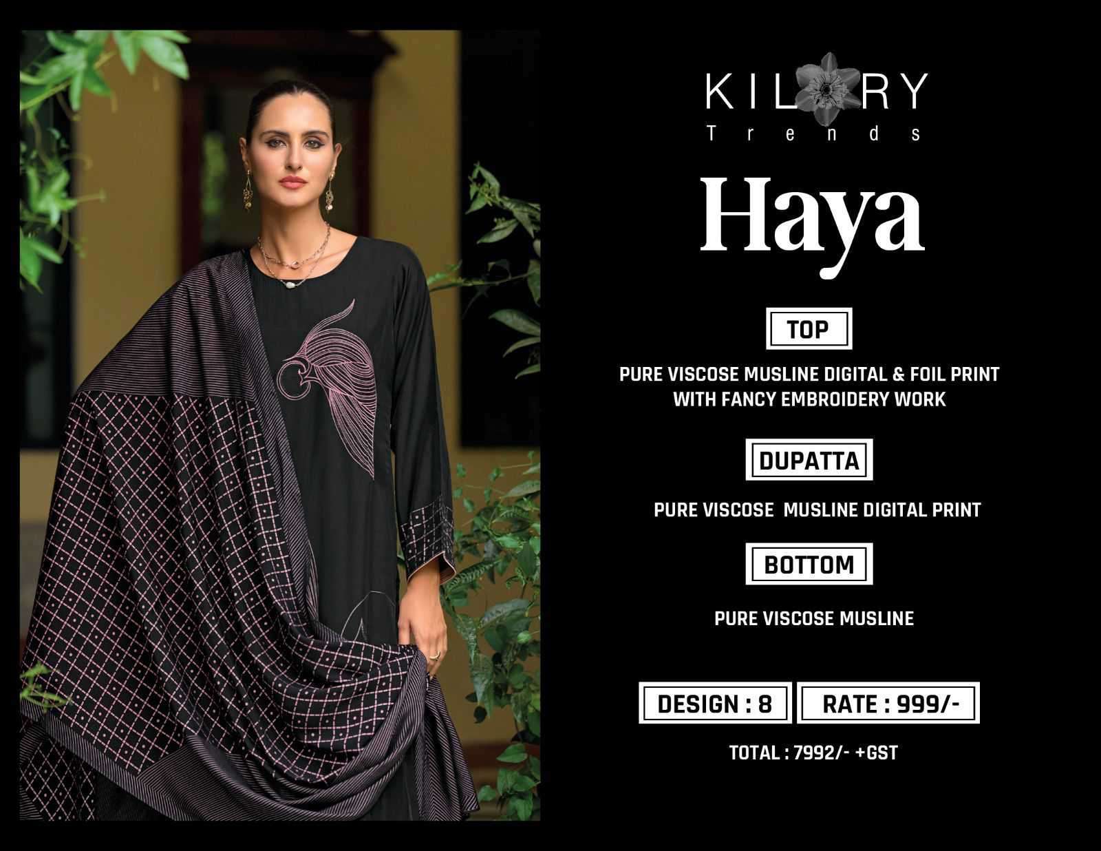 KILORY TRENDZ HAYA LATEST DESIGNS MUSLIN LADIES SUIT CATALOG EXPORTER 2024