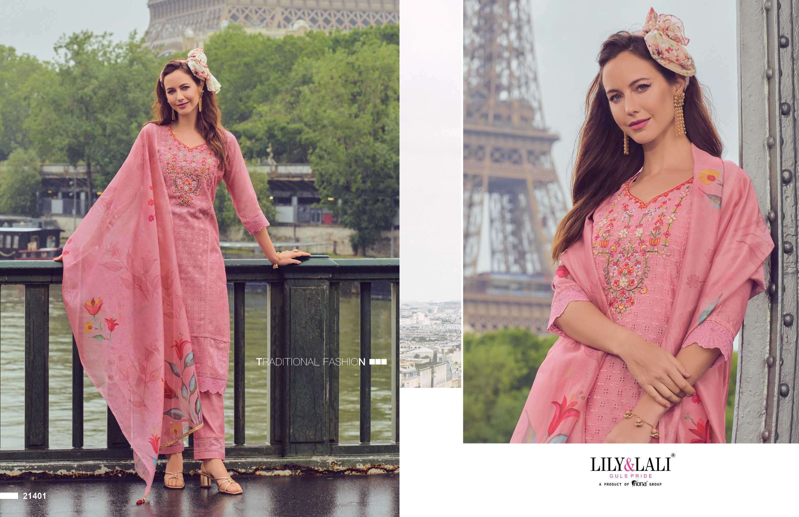 LILY AND LALI NUSRAT FANCY SCHIFFLI WORK KURTI PANT WITH DUPATTA LATEST CATALOGUE 2024