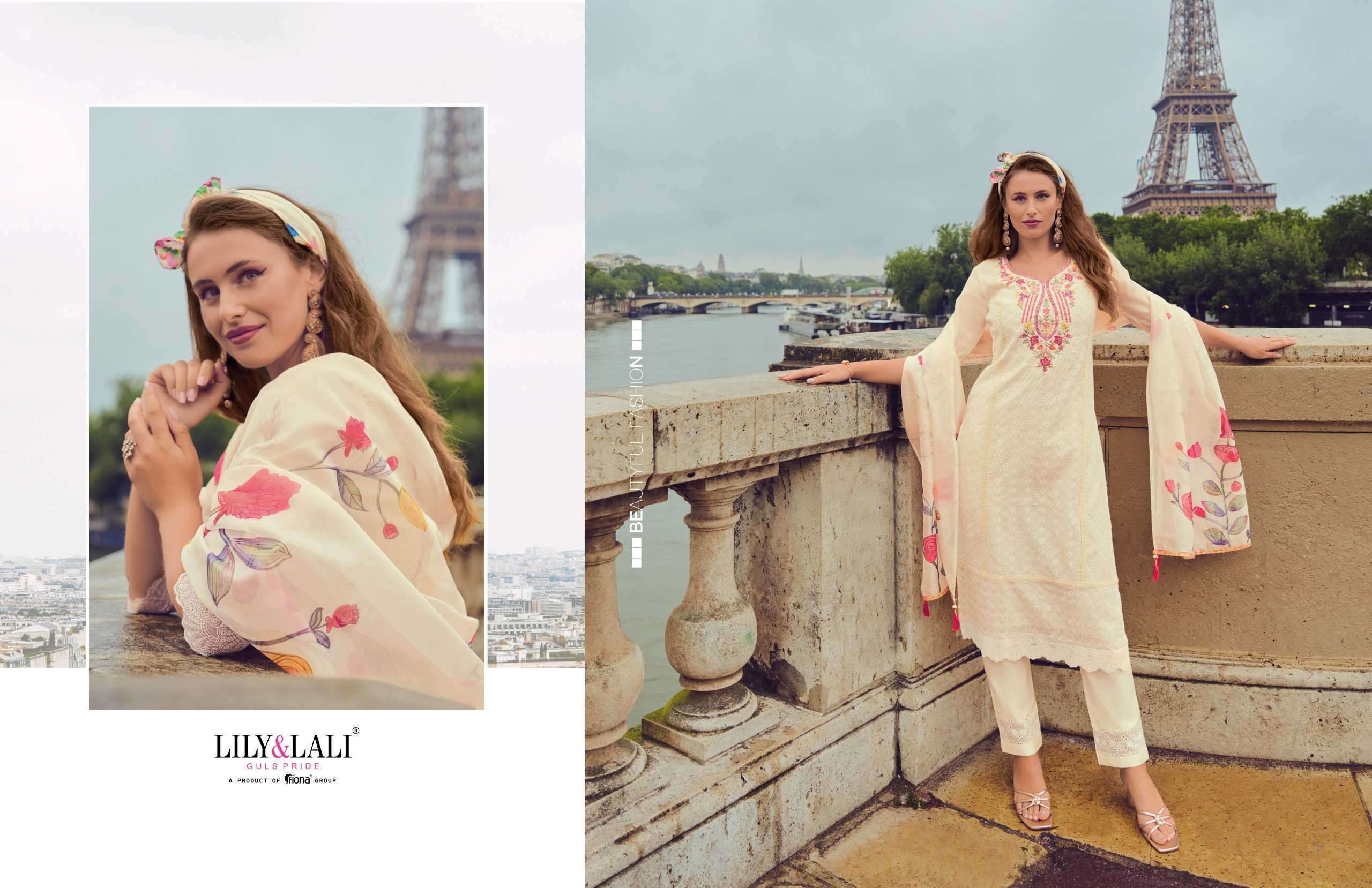 LILY AND LALI NUSRAT FANCY SCHIFFLI WORK KURTI PANT WITH DUPATTA LATEST CATALOGUE 2024