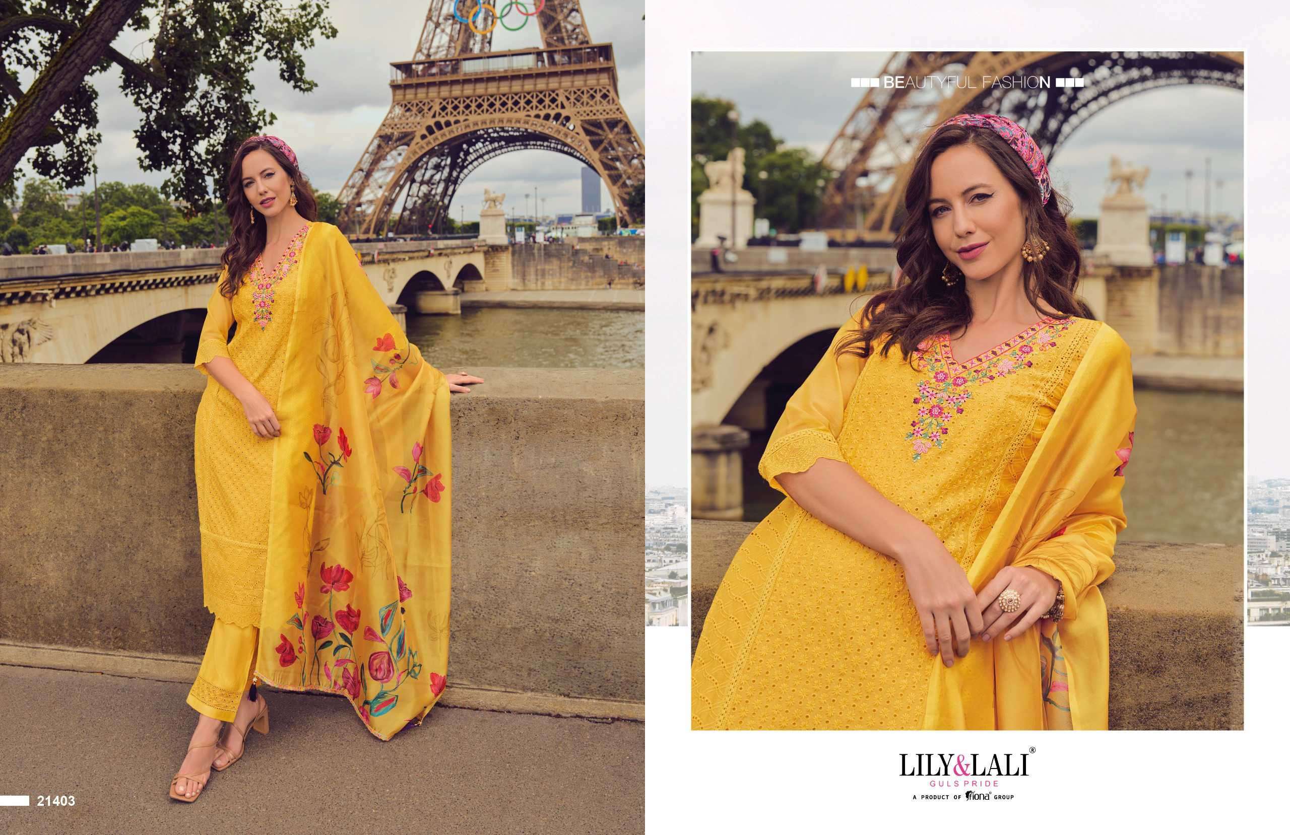 LILY AND LALI NUSRAT FANCY SCHIFFLI WORK KURTI PANT WITH DUPATTA LATEST CATALOGUE 2024
