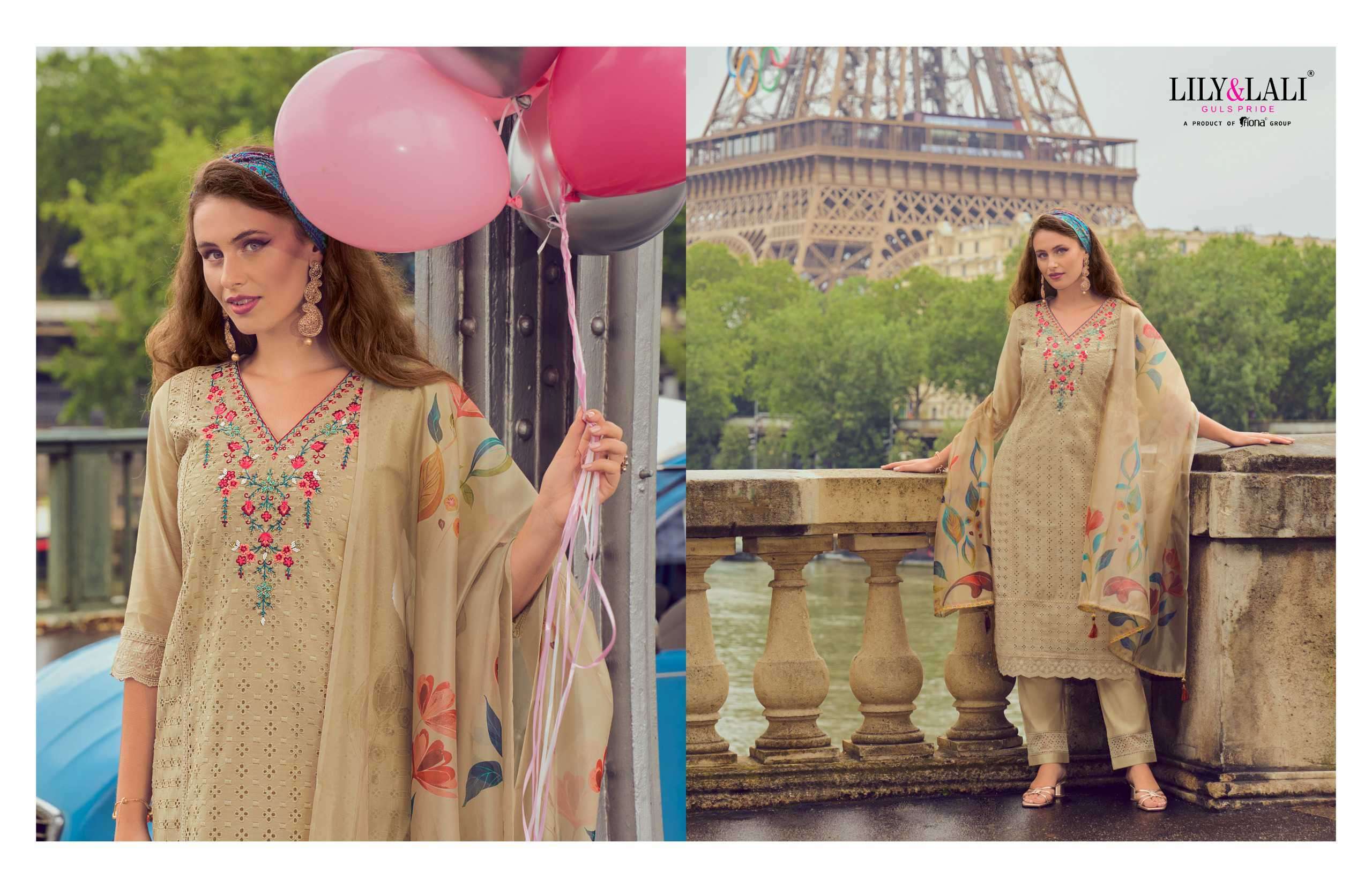 LILY AND LALI NUSRAT FANCY SCHIFFLI WORK KURTI PANT WITH DUPATTA LATEST CATALOGUE 2024