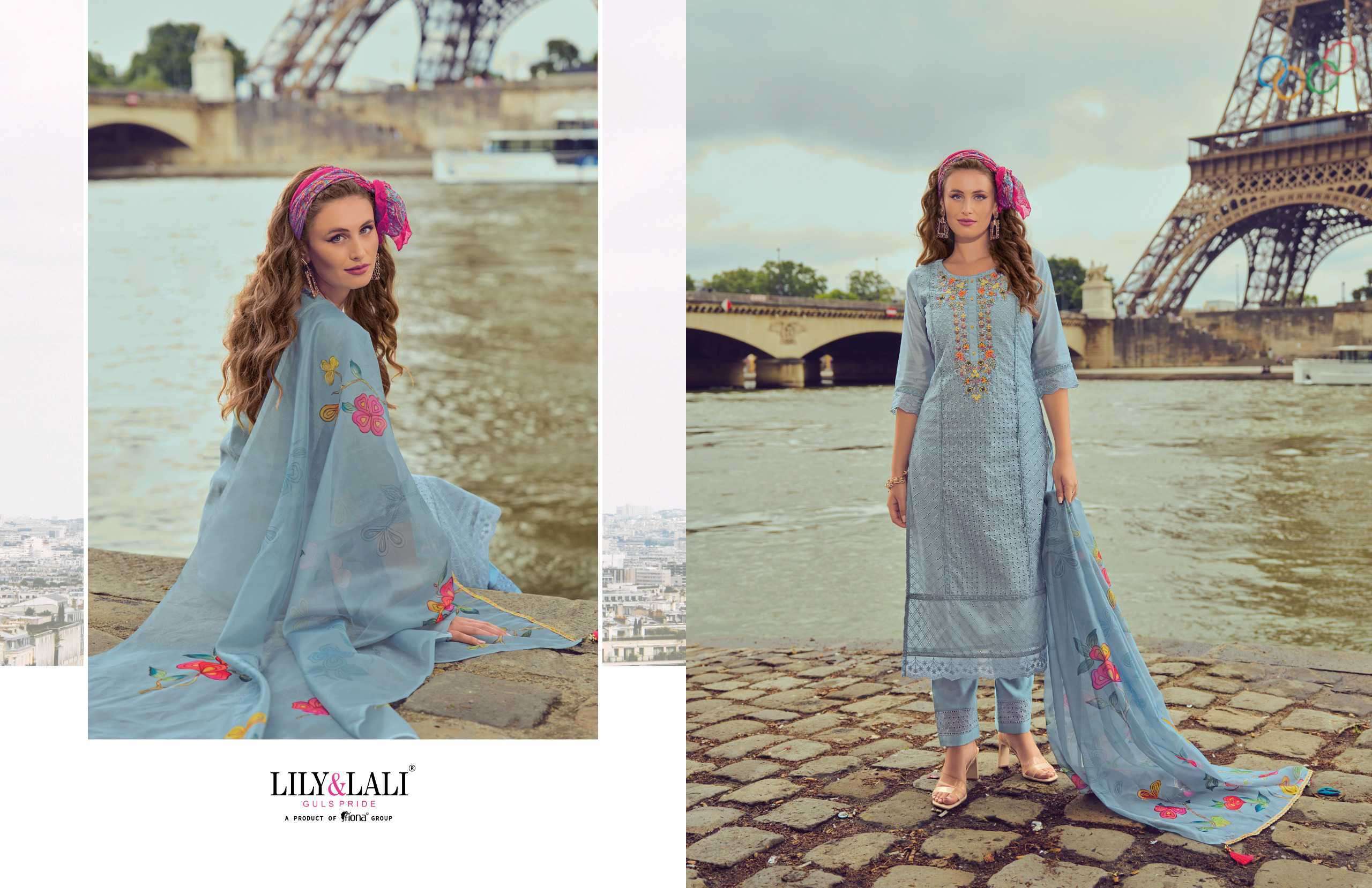 LILY AND LALI NUSRAT FANCY SCHIFFLI WORK KURTI PANT WITH DUPATTA LATEST CATALOGUE 2024