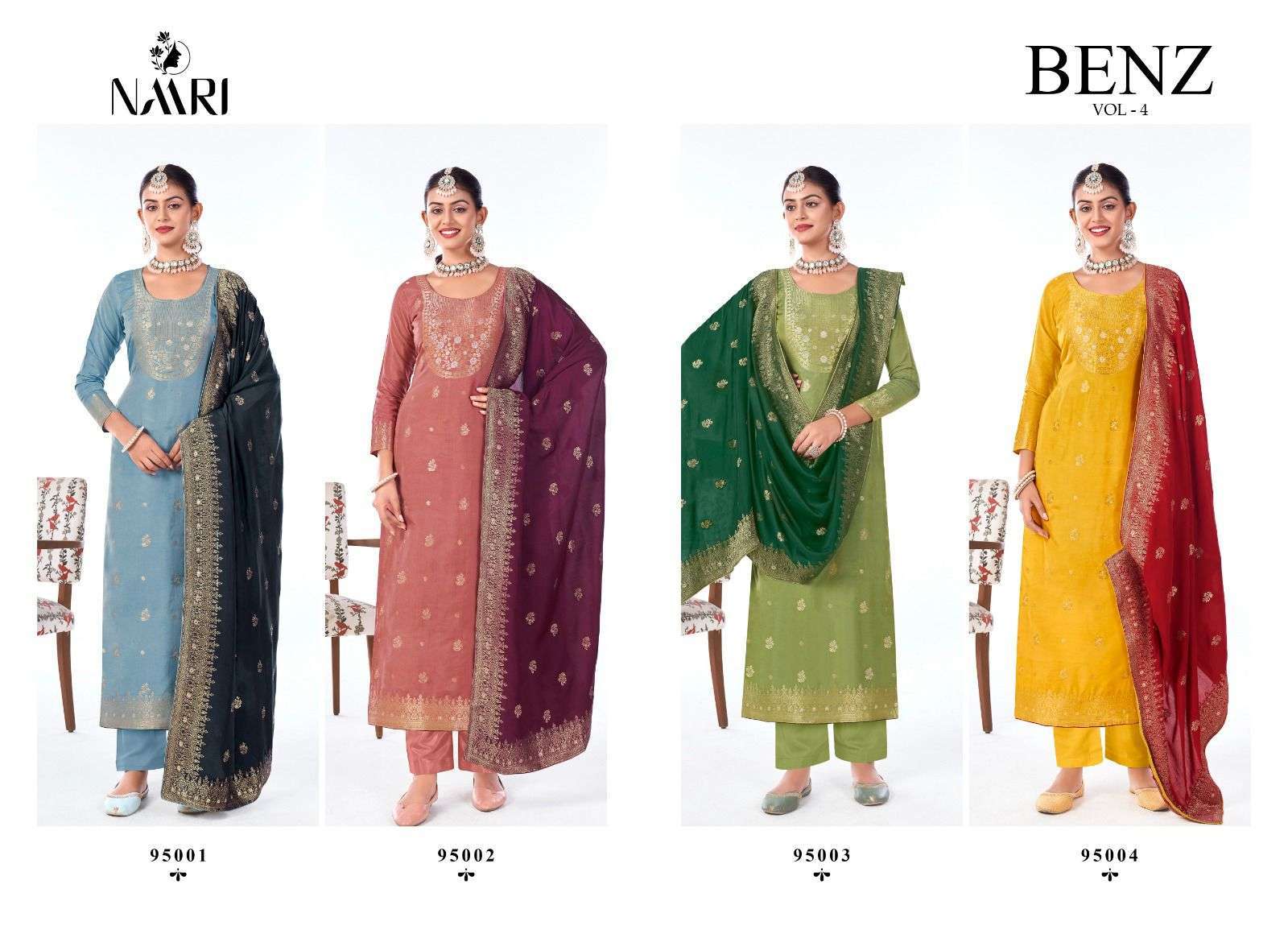 NAARI BENZ VOL 4 LATEST DESIGNES MUSLIN JACQUARD SUIT CATALOG EXPORTER 2024