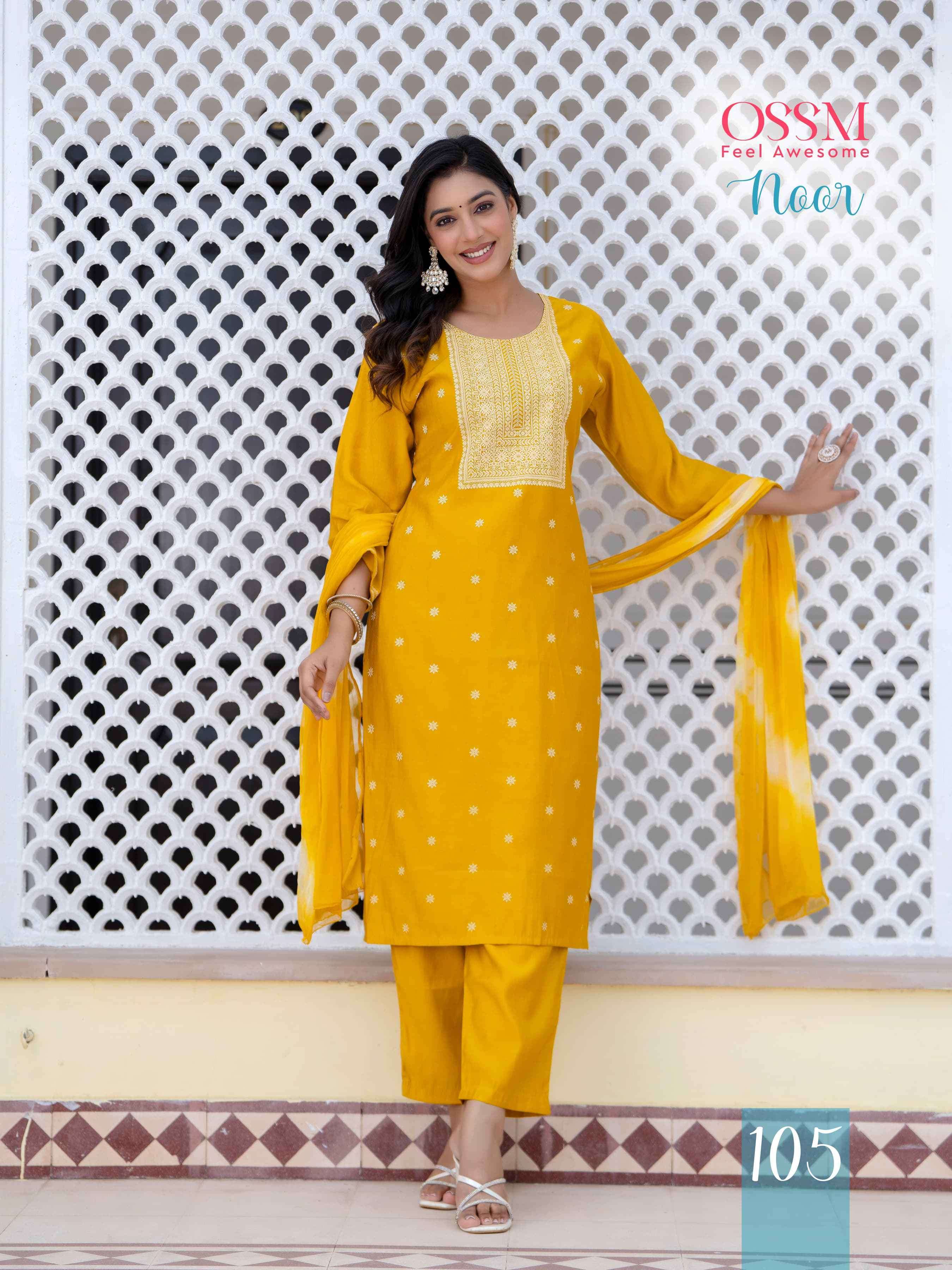 OSSM NOOR FANCY SILK KURTI PANT WITH DUPATTA LATEST CATALOGUE 2024