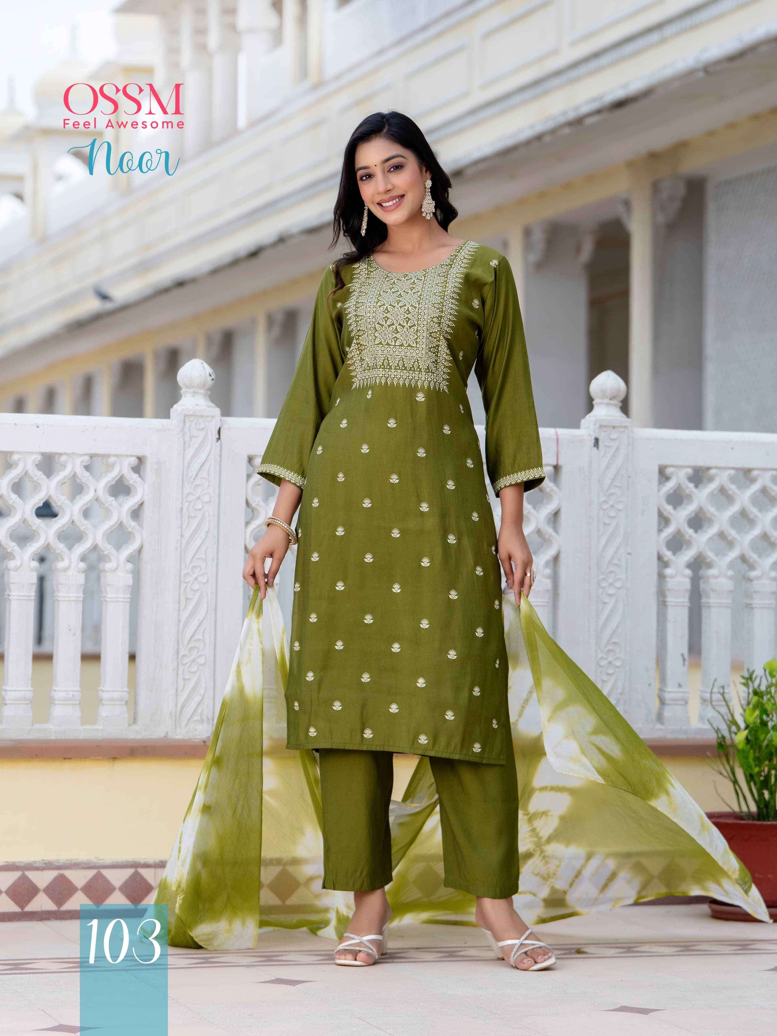 OSSM NOOR FANCY SILK KURTI PANT WITH DUPATTA LATEST CATALOGUE 2024