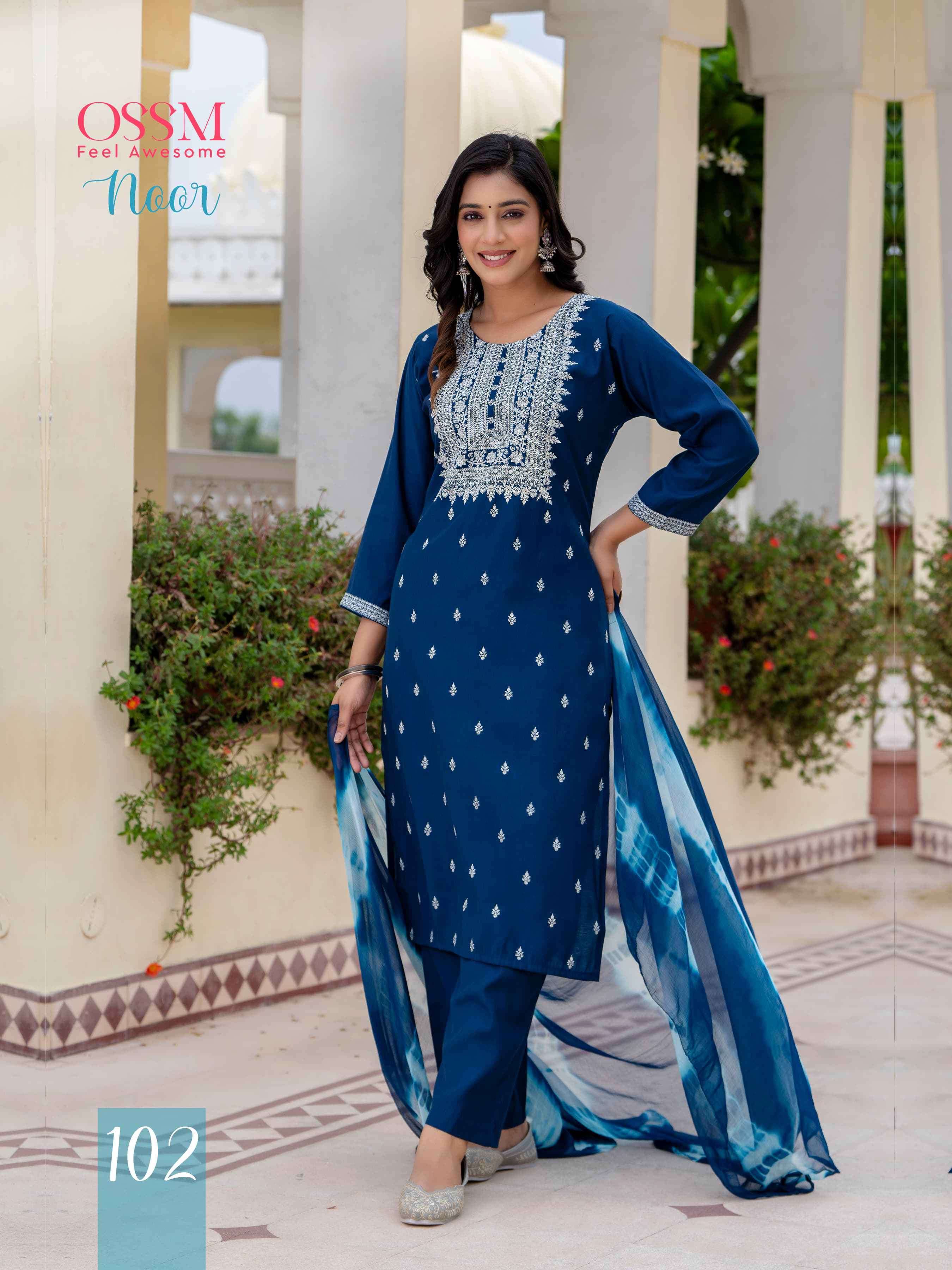 OSSM NOOR FANCY SILK KURTI PANT WITH DUPATTA LATEST CATALOGUE 2024