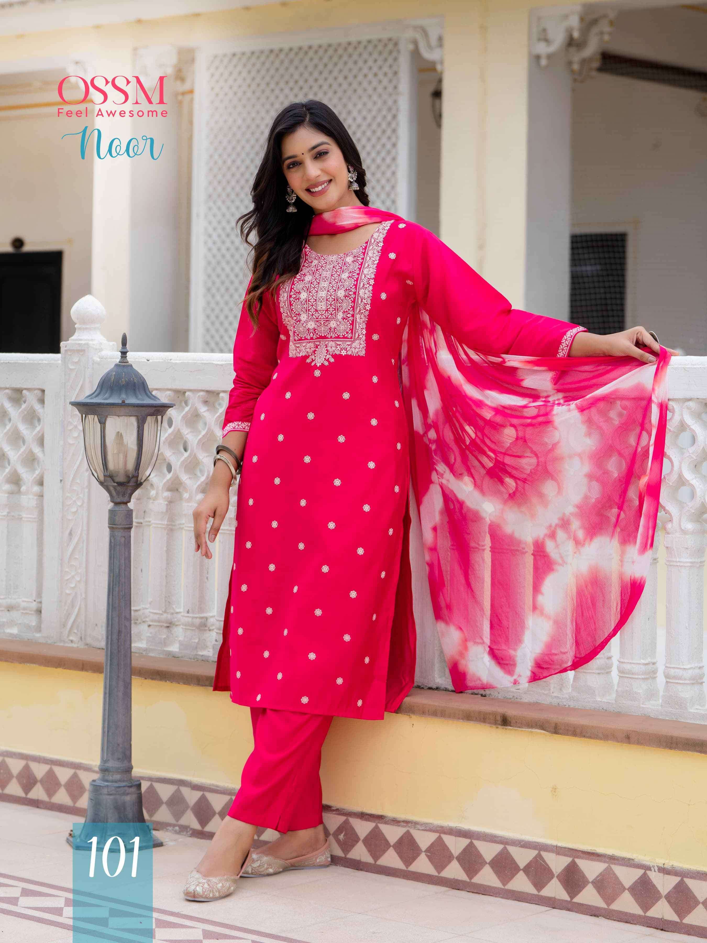 OSSM NOOR FANCY SILK KURTI PANT WITH DUPATTA LATEST CATALOGUE 2024